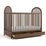 Olivia hazelnut crib with drawer open angle view