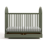 Olivia olive crib with drawer open front view