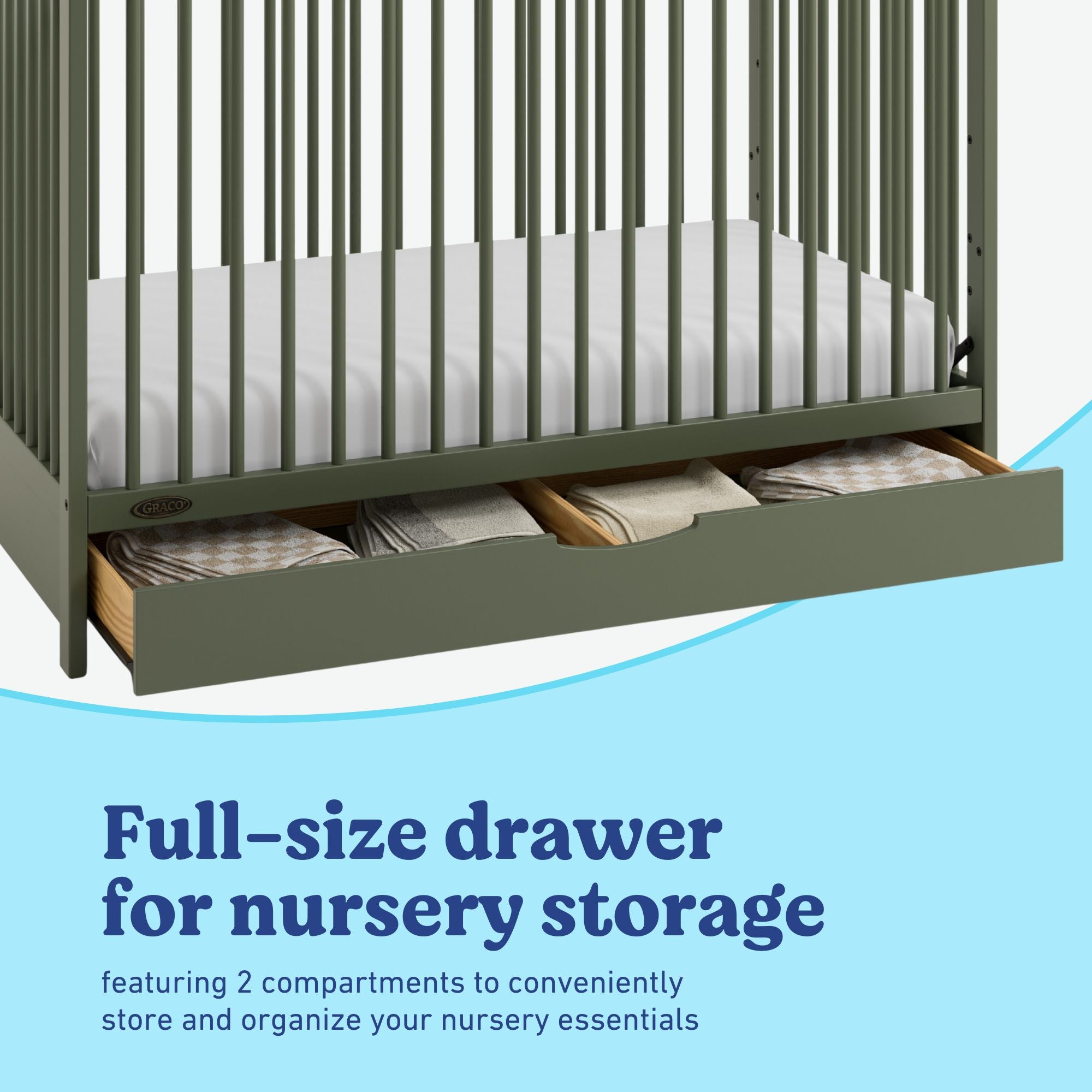 Olivia olive crib full-size storage drawer callout