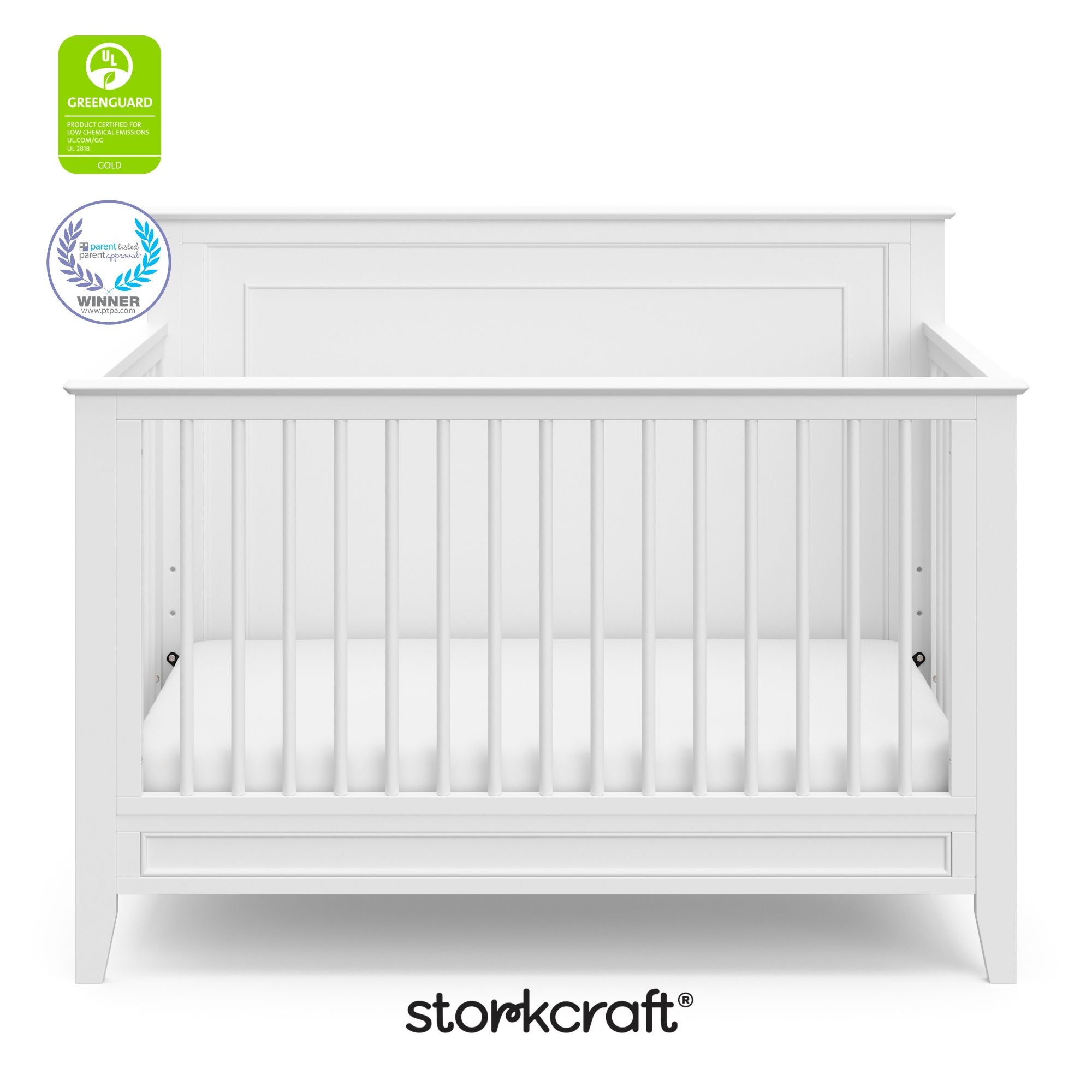solstice white crib with GGG and PTPA logo on top left