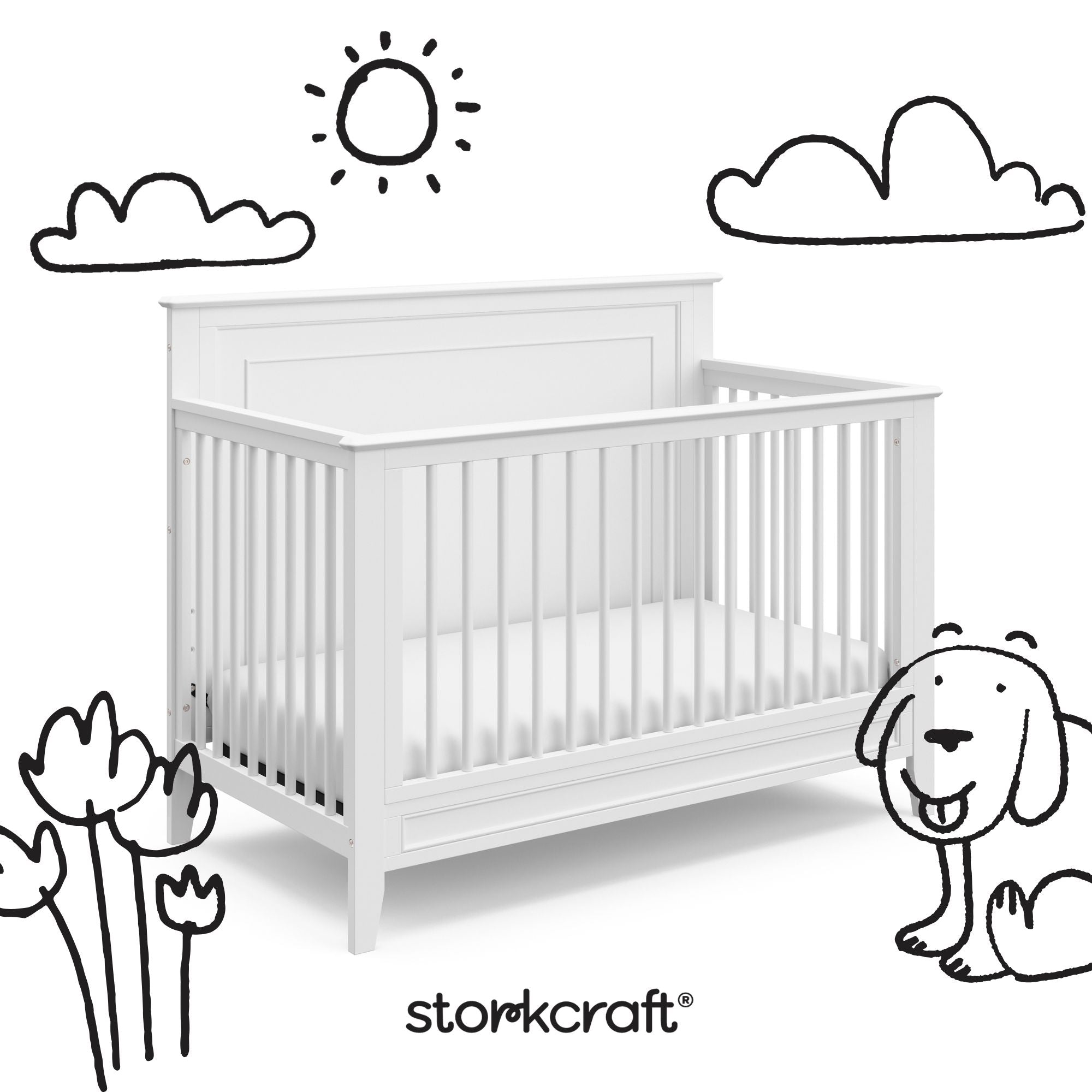 solstice white crib with black drawings overlaid on image