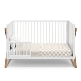 white with vintage driftwood crib, toddler bed conversion with one guardrail