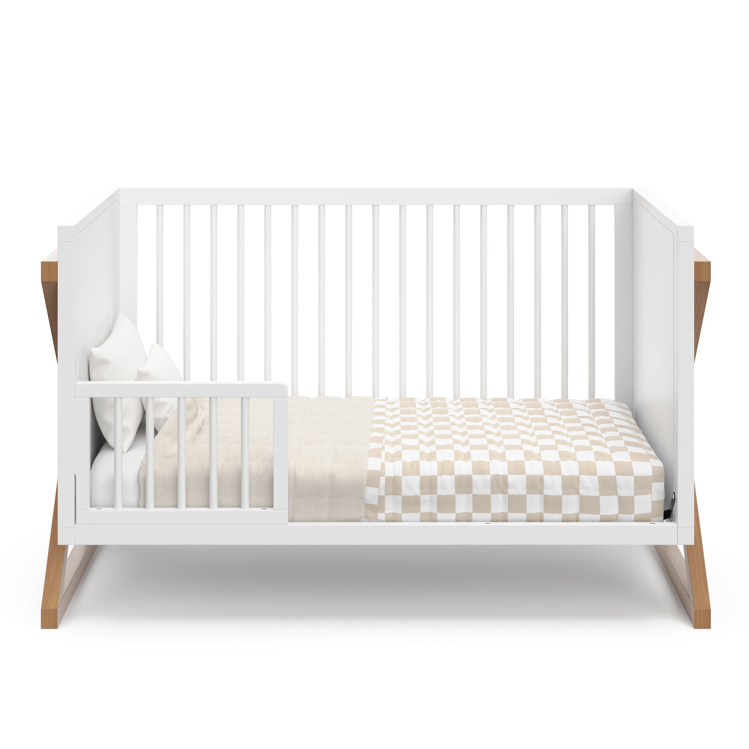 white with vintage driftwood crib, toddler bed conversion with one guardrail