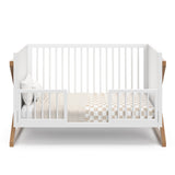 white with vintage driftwood crib, toddler bed conversion with two guardrails