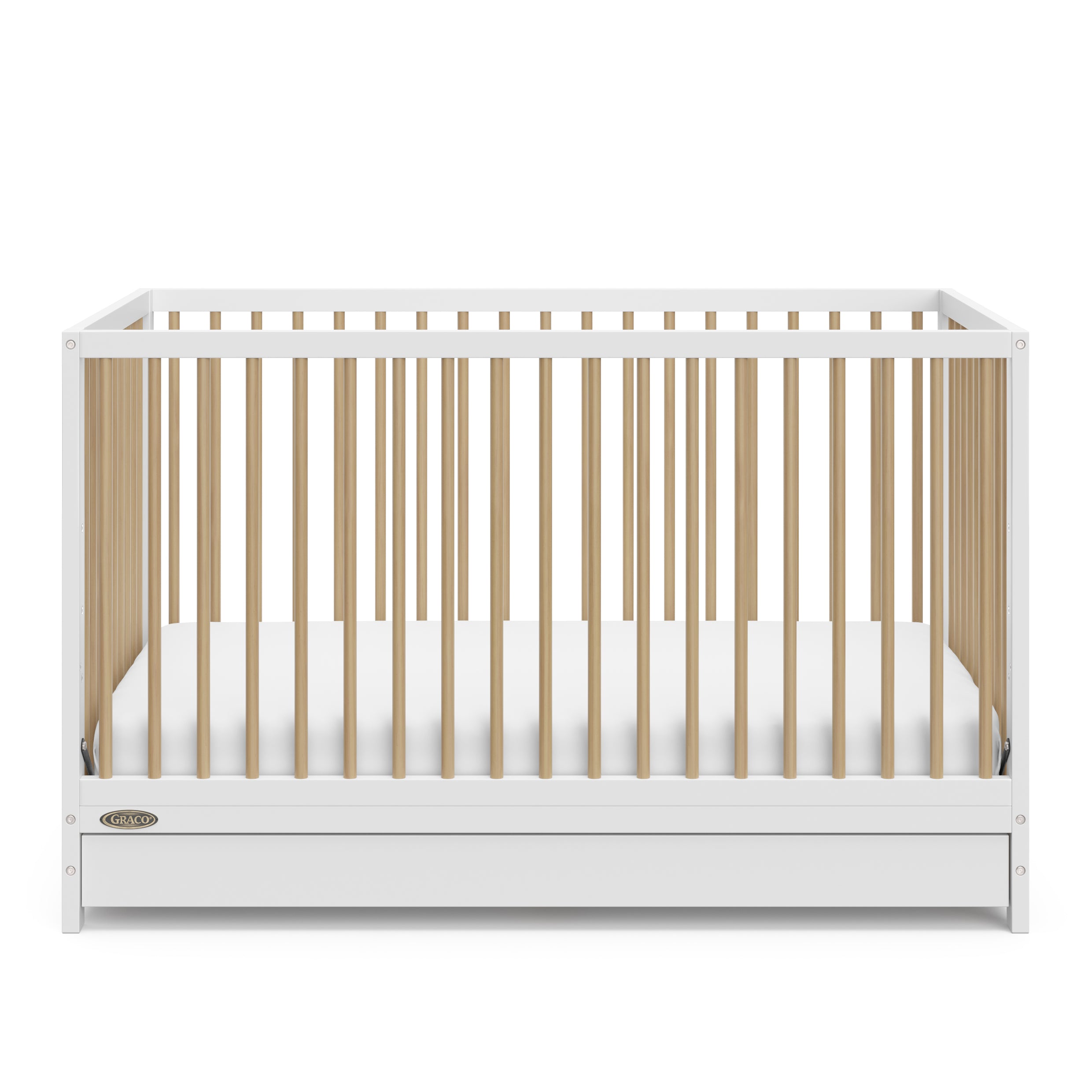 Front view of white with driftwood crib