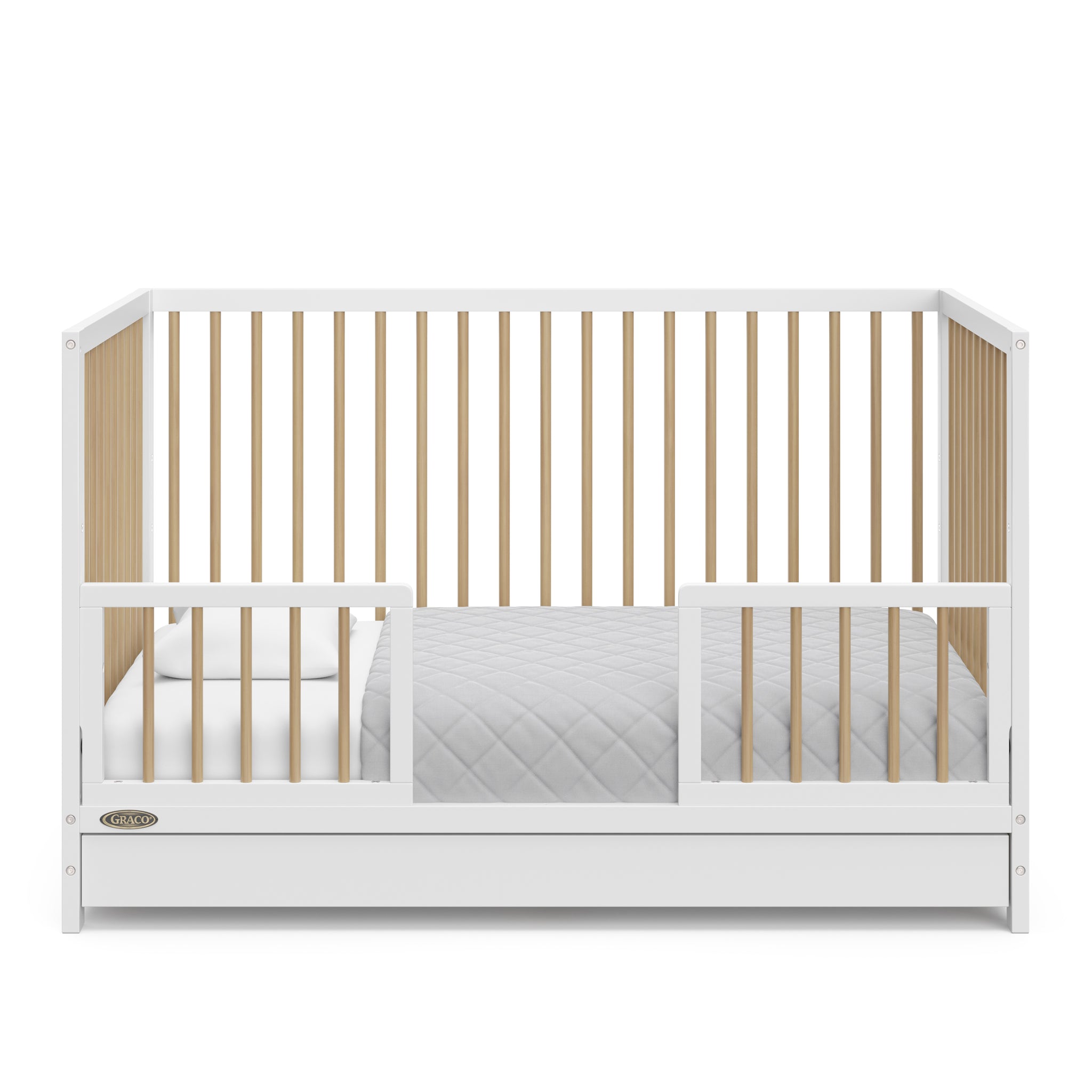 White with driftwood crib with drawer in toddler bed conversion with two safety guardrails