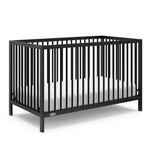 Angled view of black crib