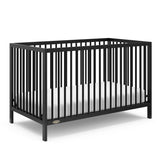 Angled view of black crib