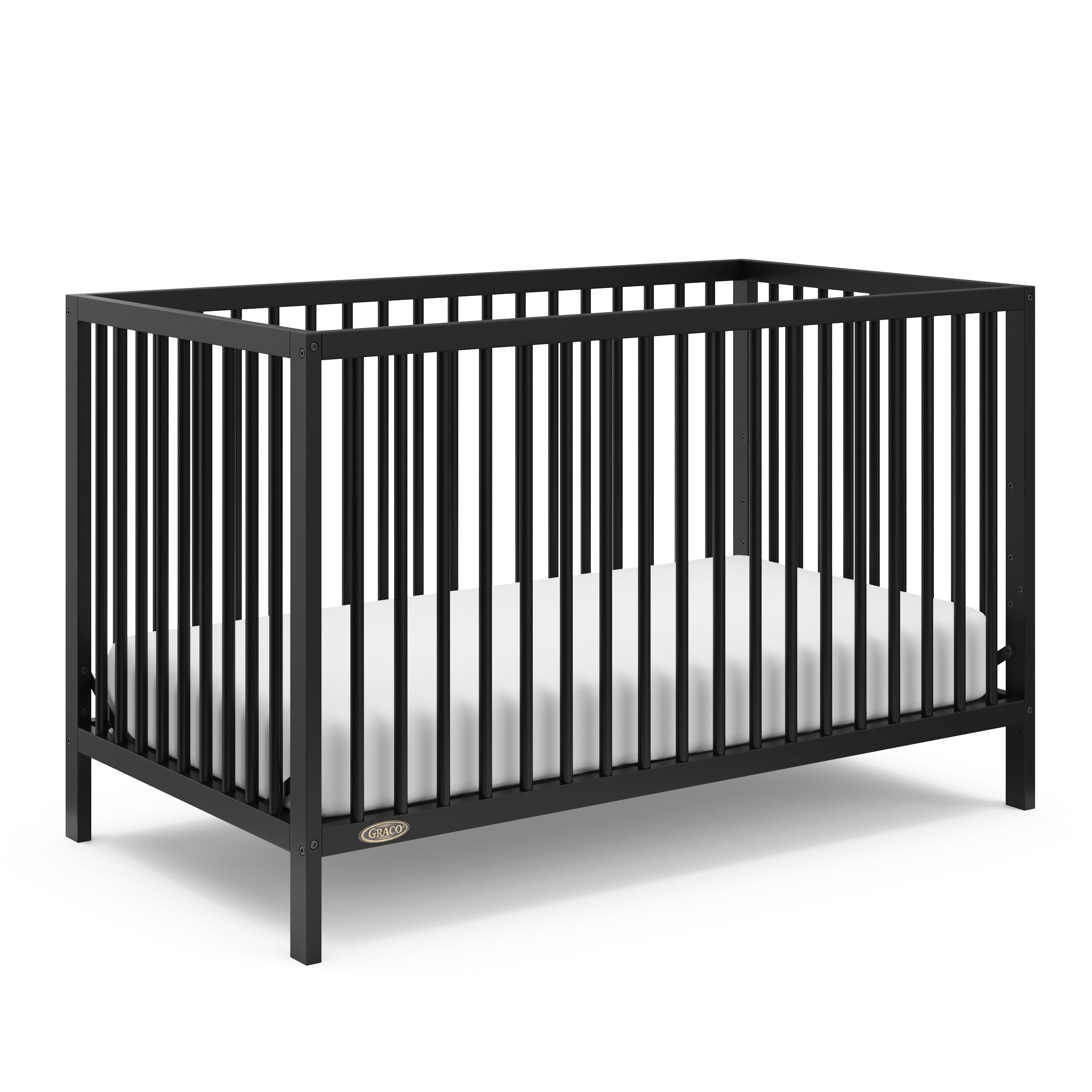 Angled view of black crib