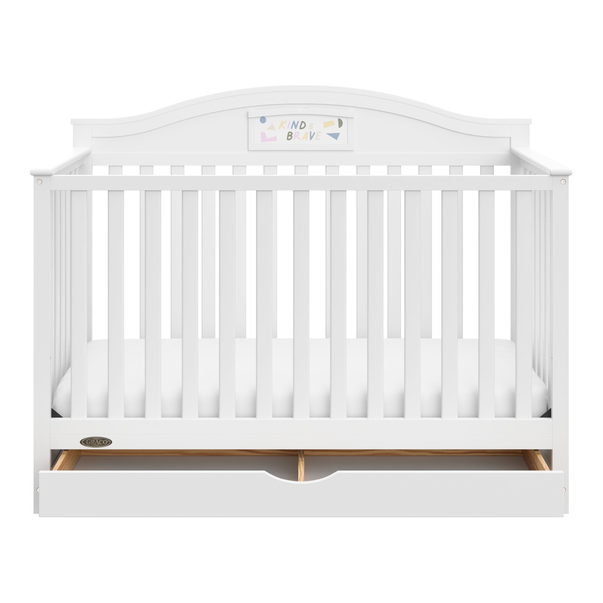 graco story white crib with drawer open front view