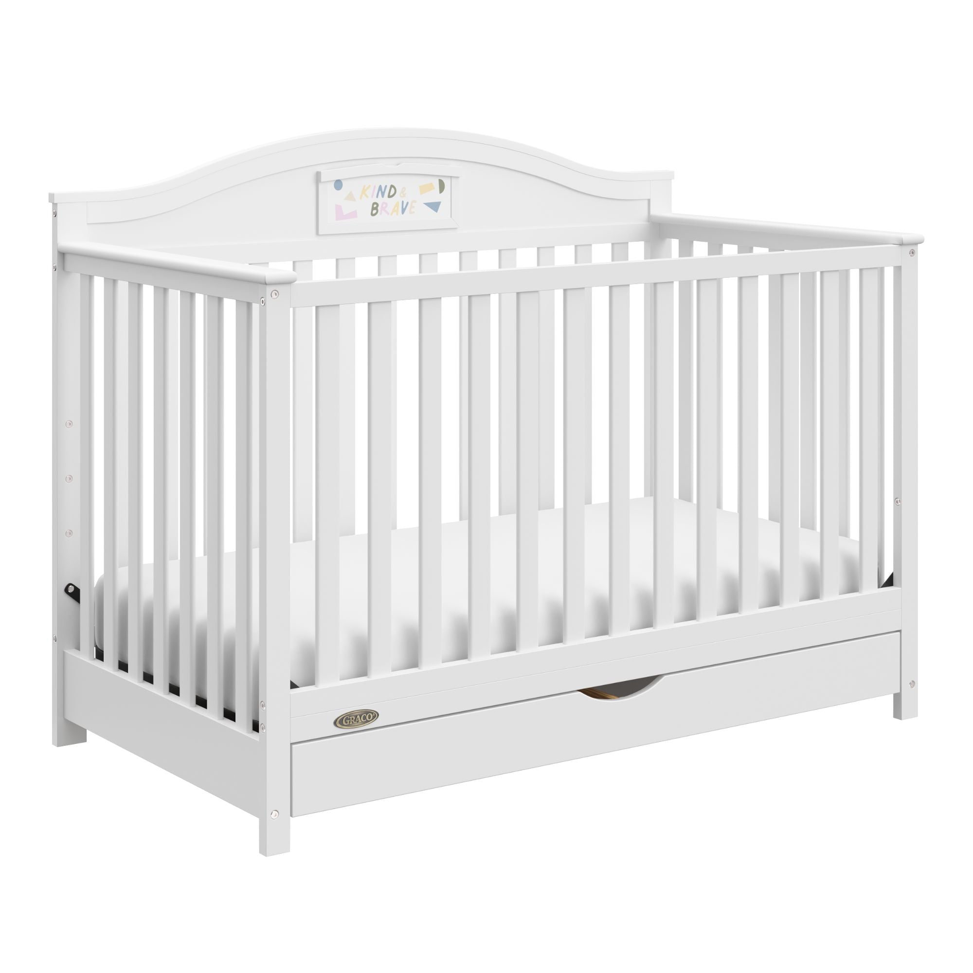 graco story white crib with drawer angle view