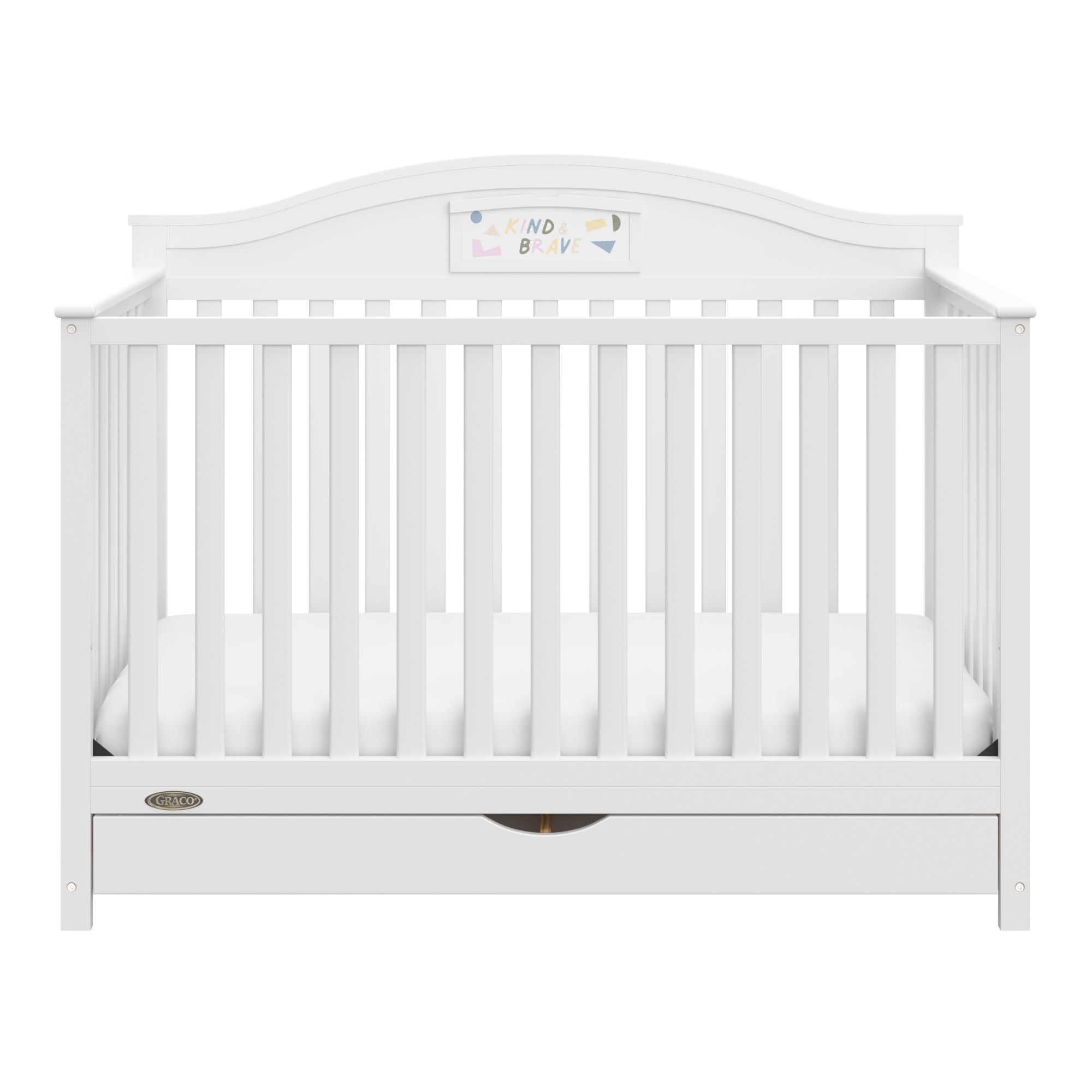 graco story white crib with drawer front view