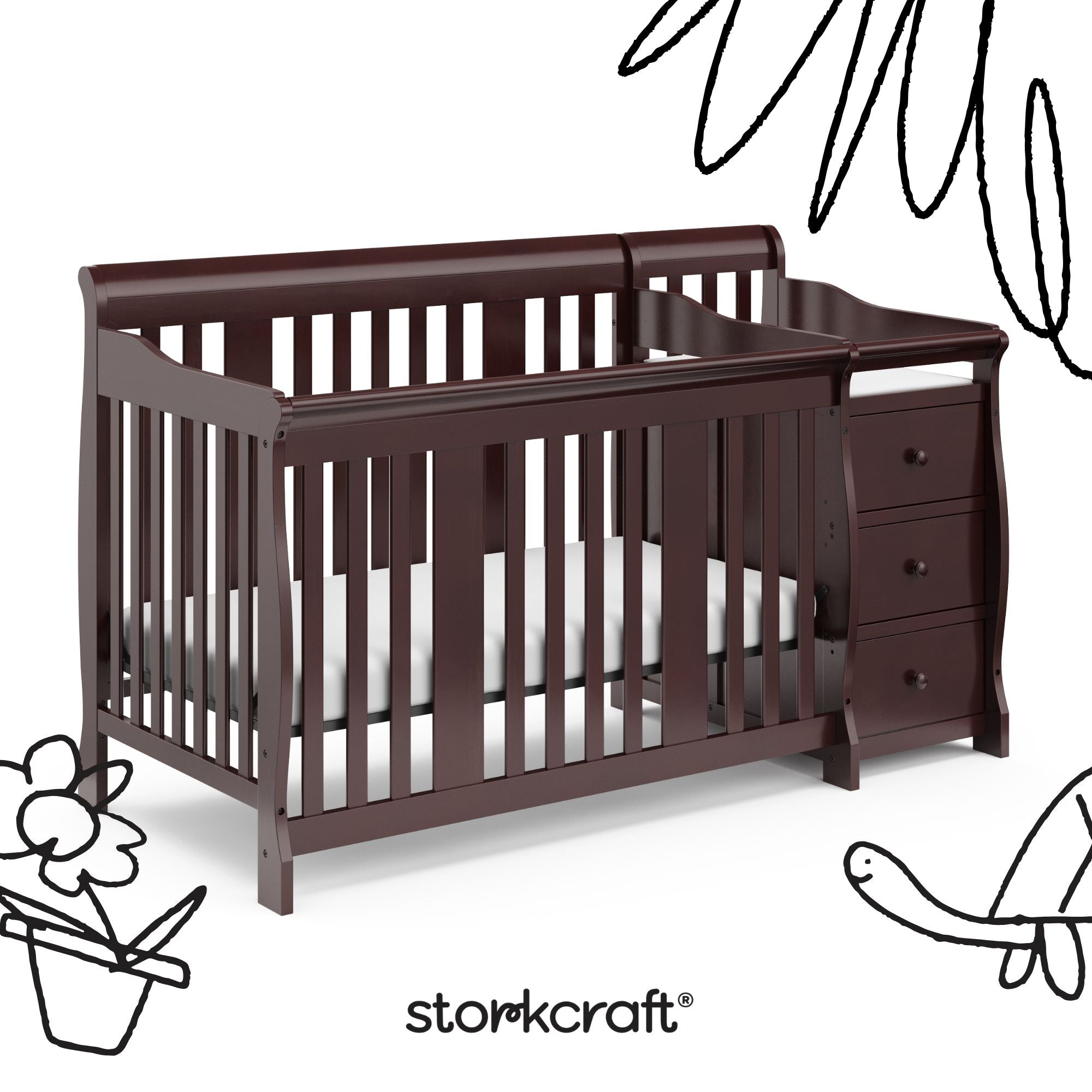 Portofino espresso crib and changer with black doodles overlaid on image
