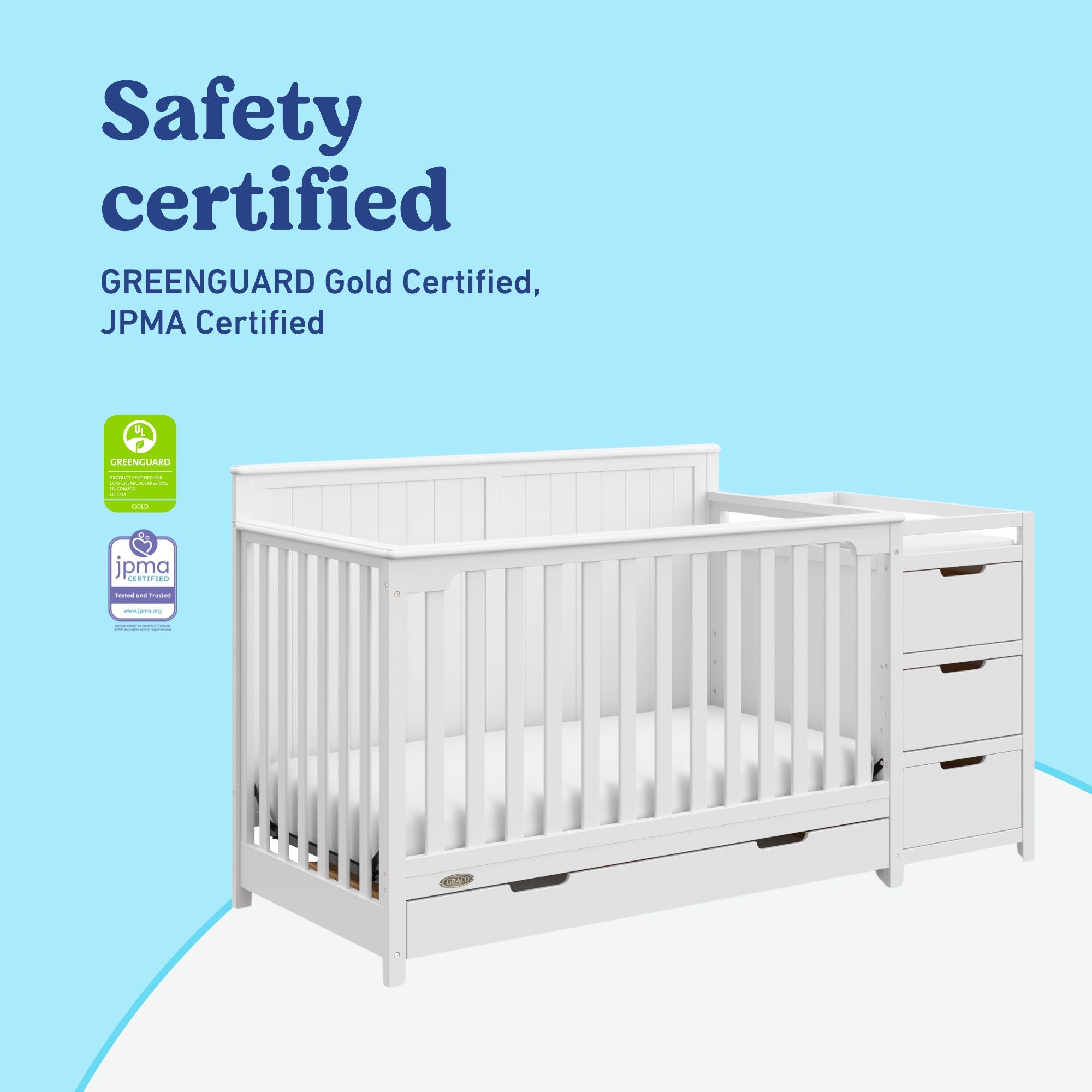 Hadley white crib and changer with drawer certifications callout