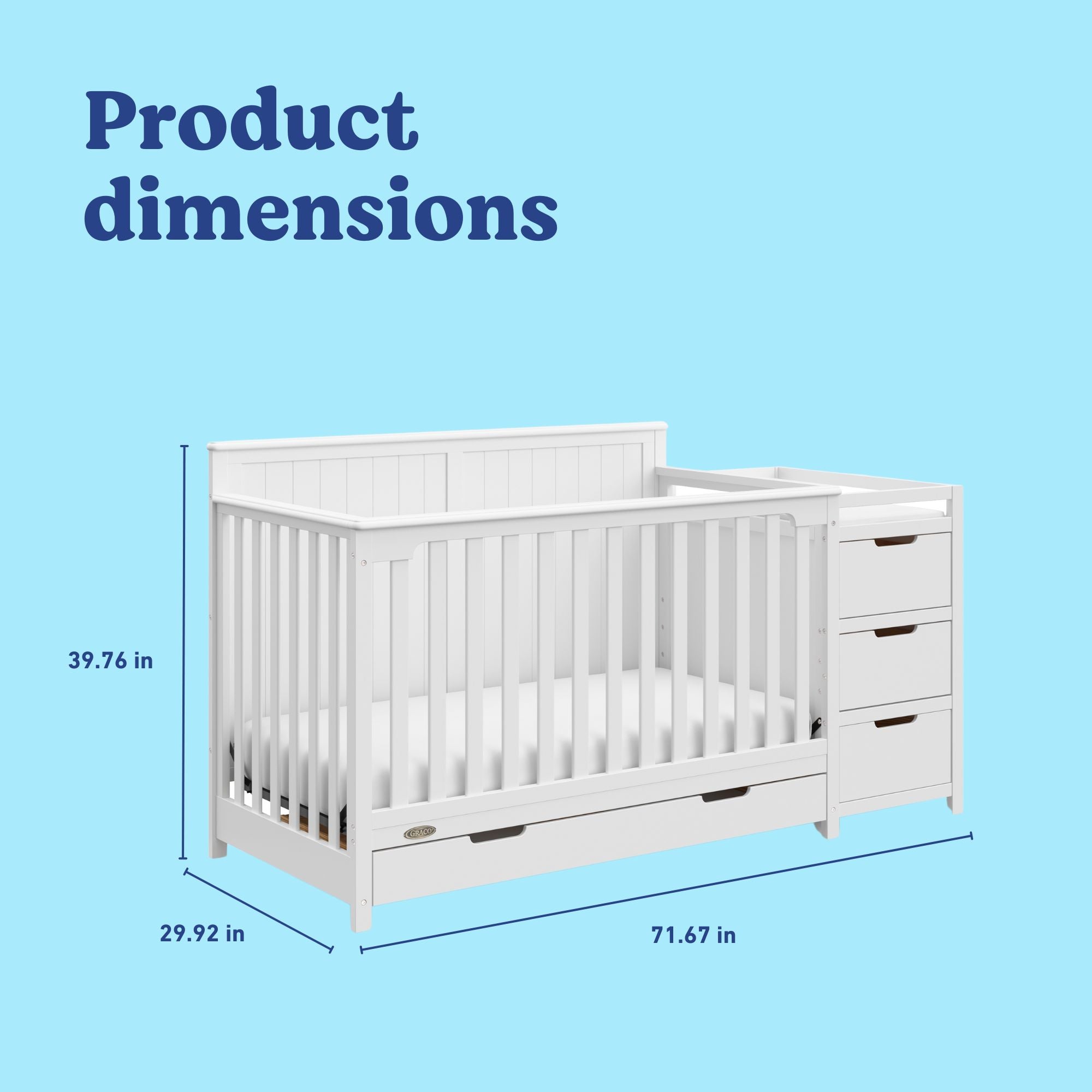 Hadley white crib and changer with drawer dimensions callout