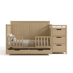 Hadley driftwood crib and changer converted to toddler bed with two guardrails
