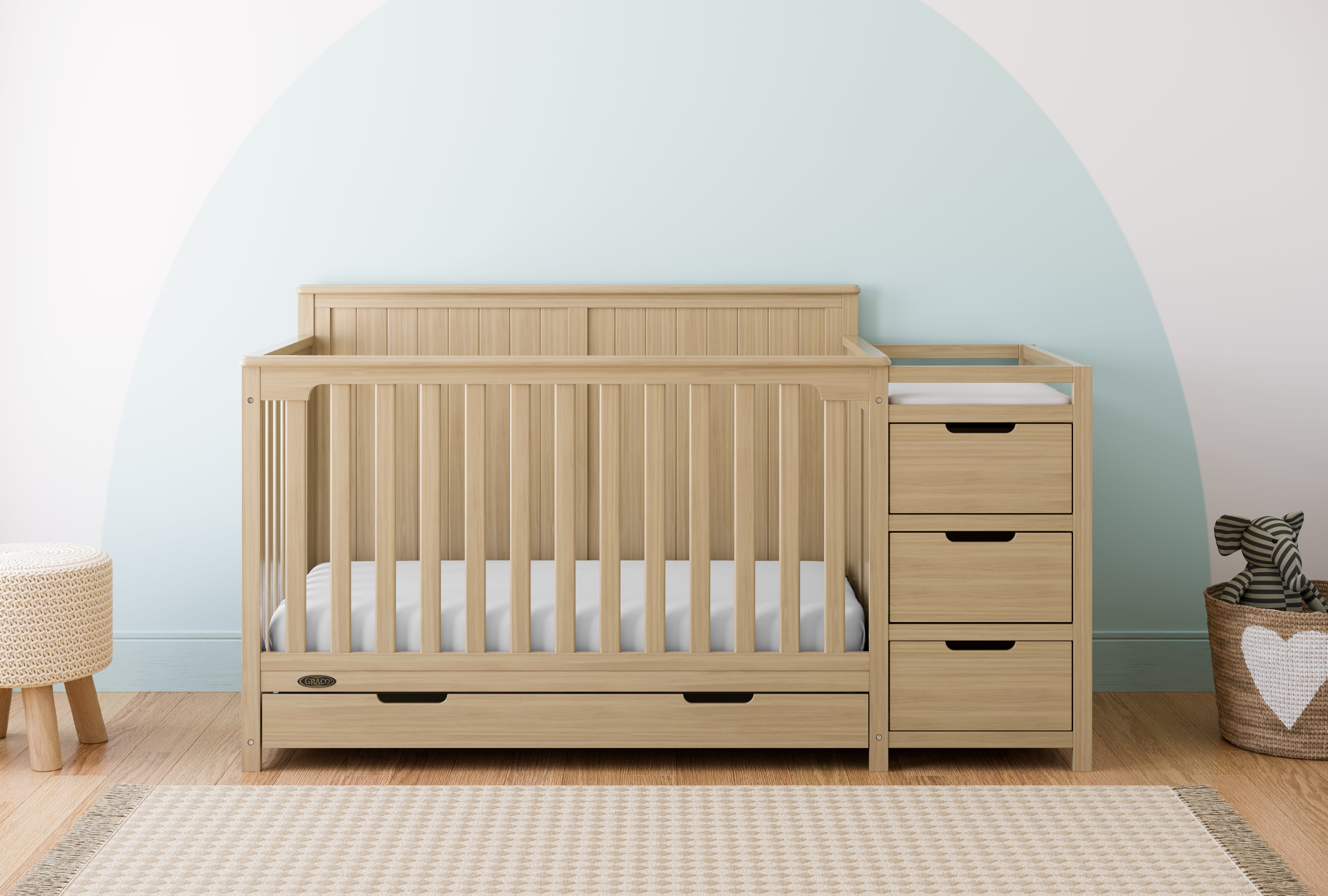 Hadley driftwood crib and changer in a nursery