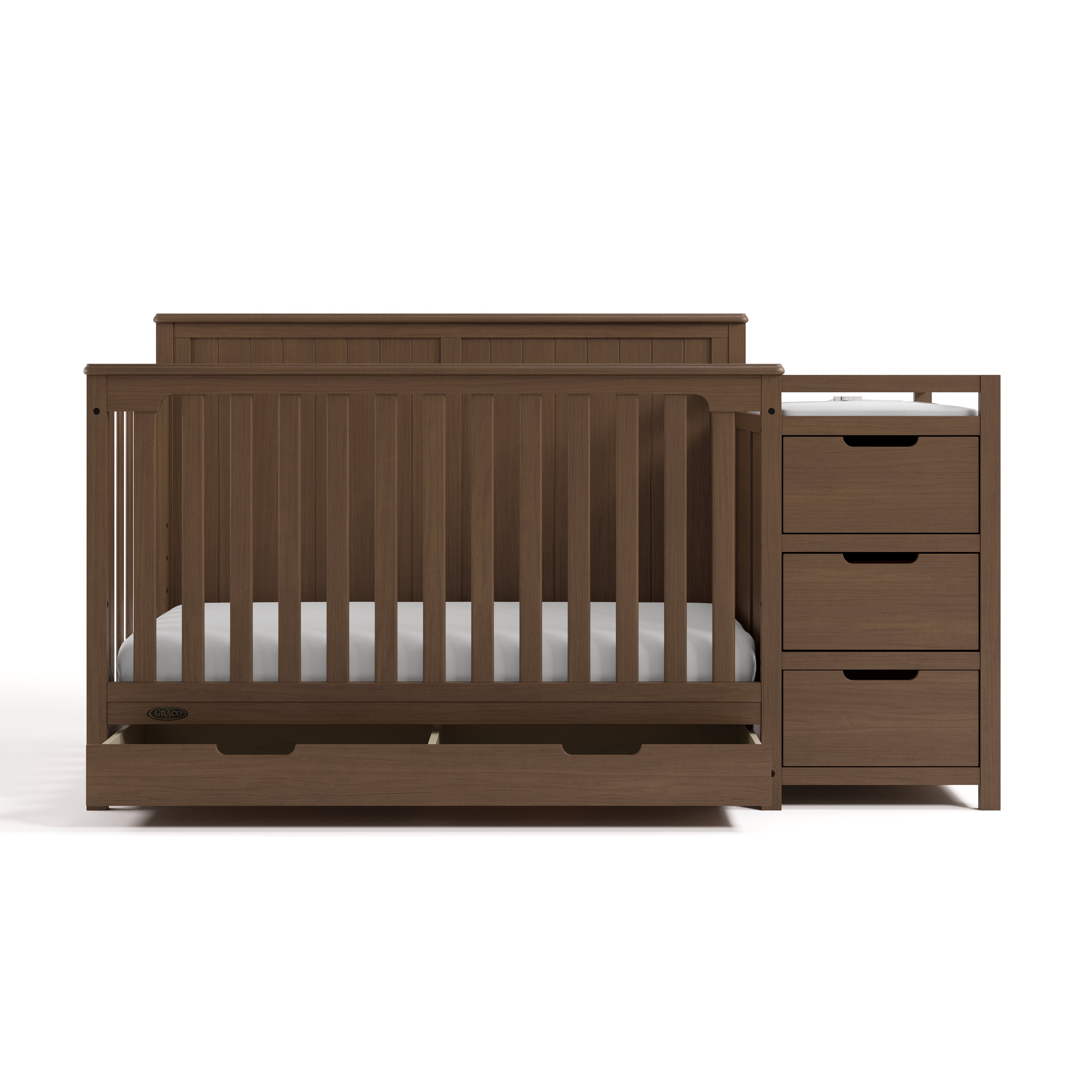 Hadley hazelnut crib and changer front view