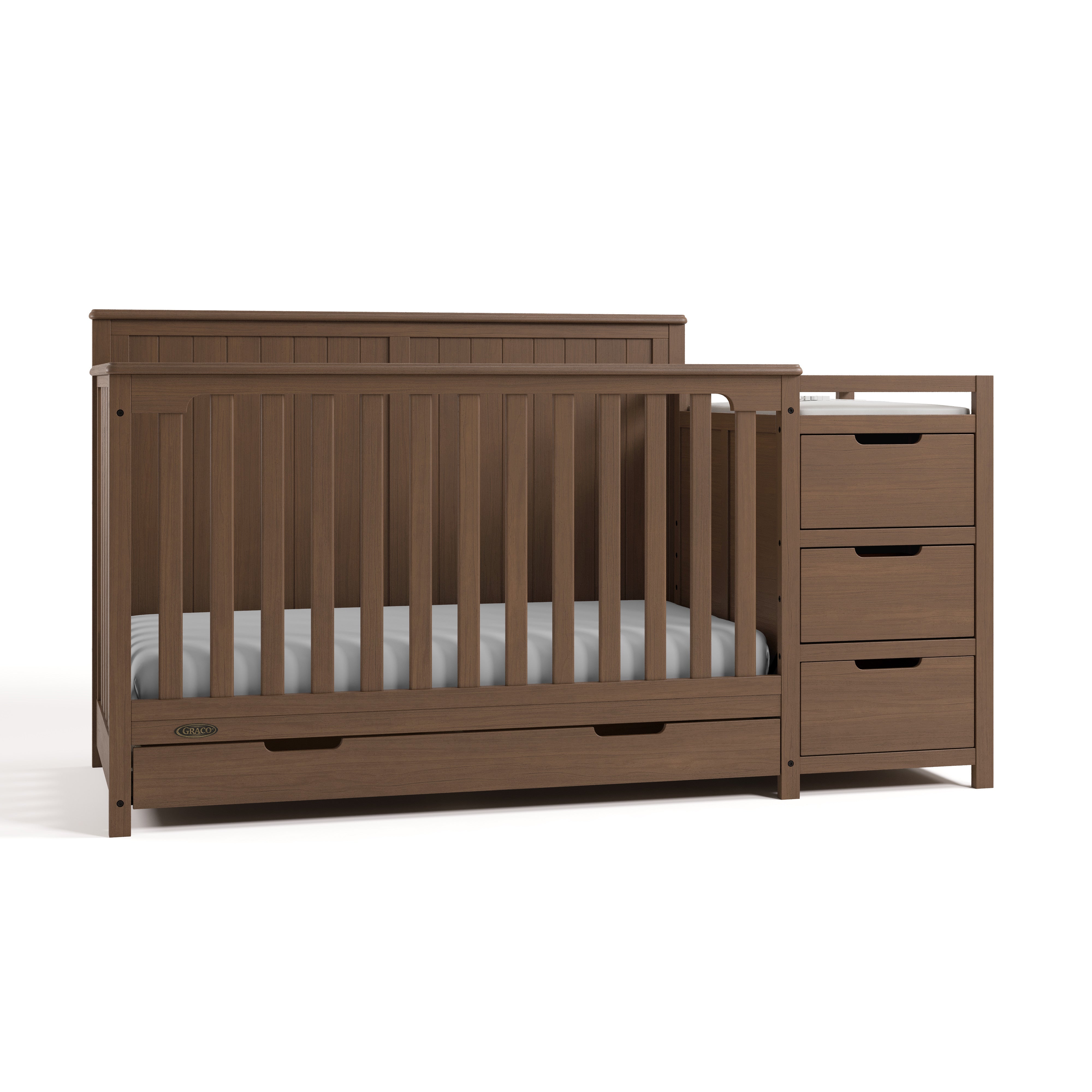 Hadley hazelnut crib and changer angle view