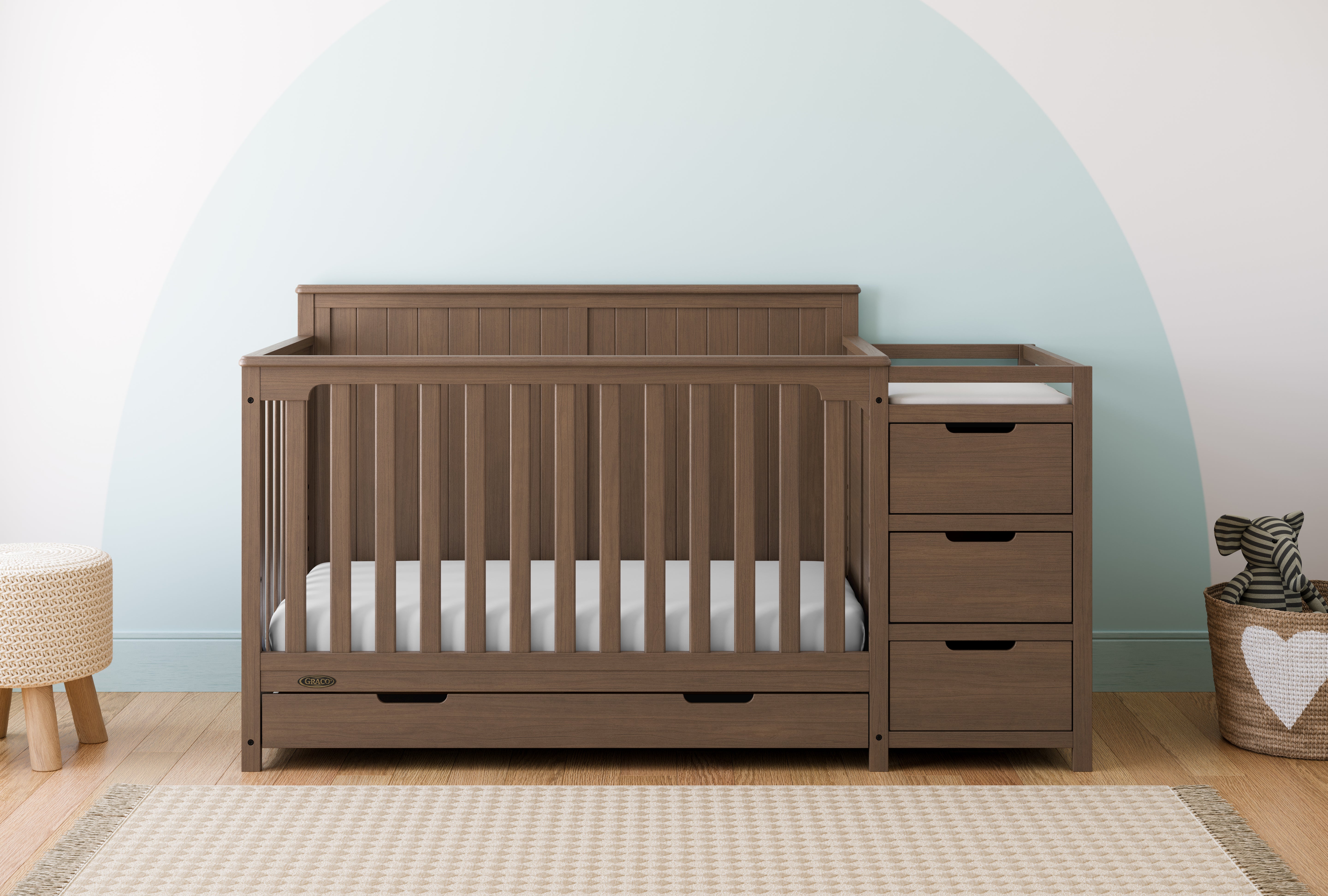 Hadley hazelnut crib and changer in a nursery