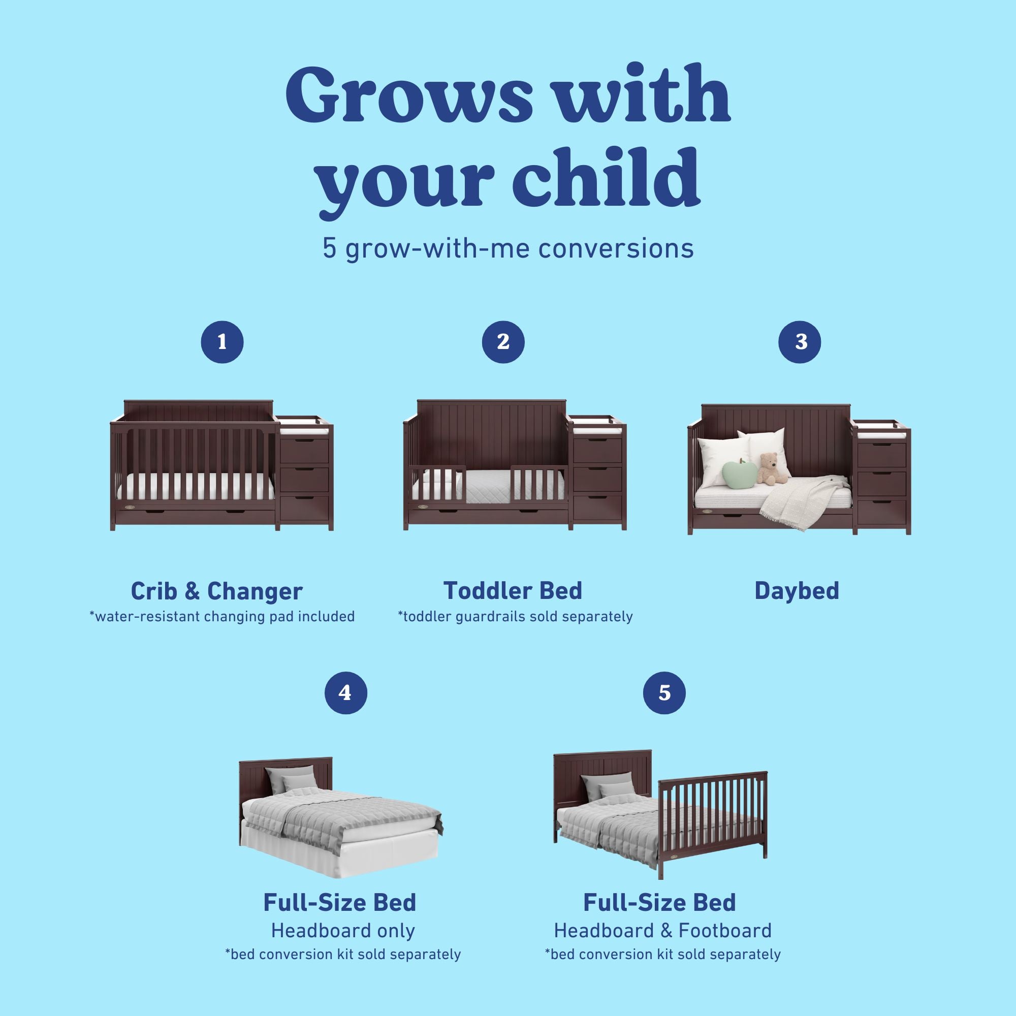 Hadley espresso crib and changer with drawer 5 conversions callout