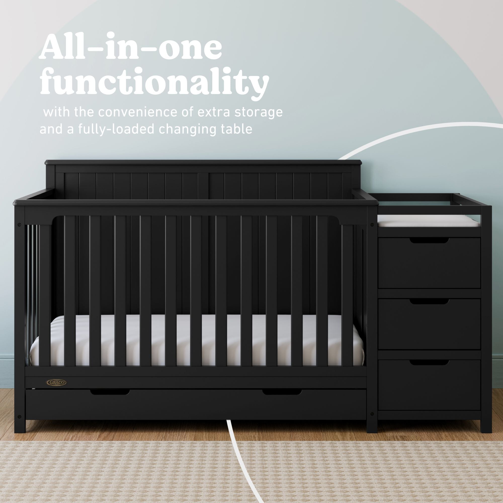 Hadley black crib and changer with drawer all-in-one callout