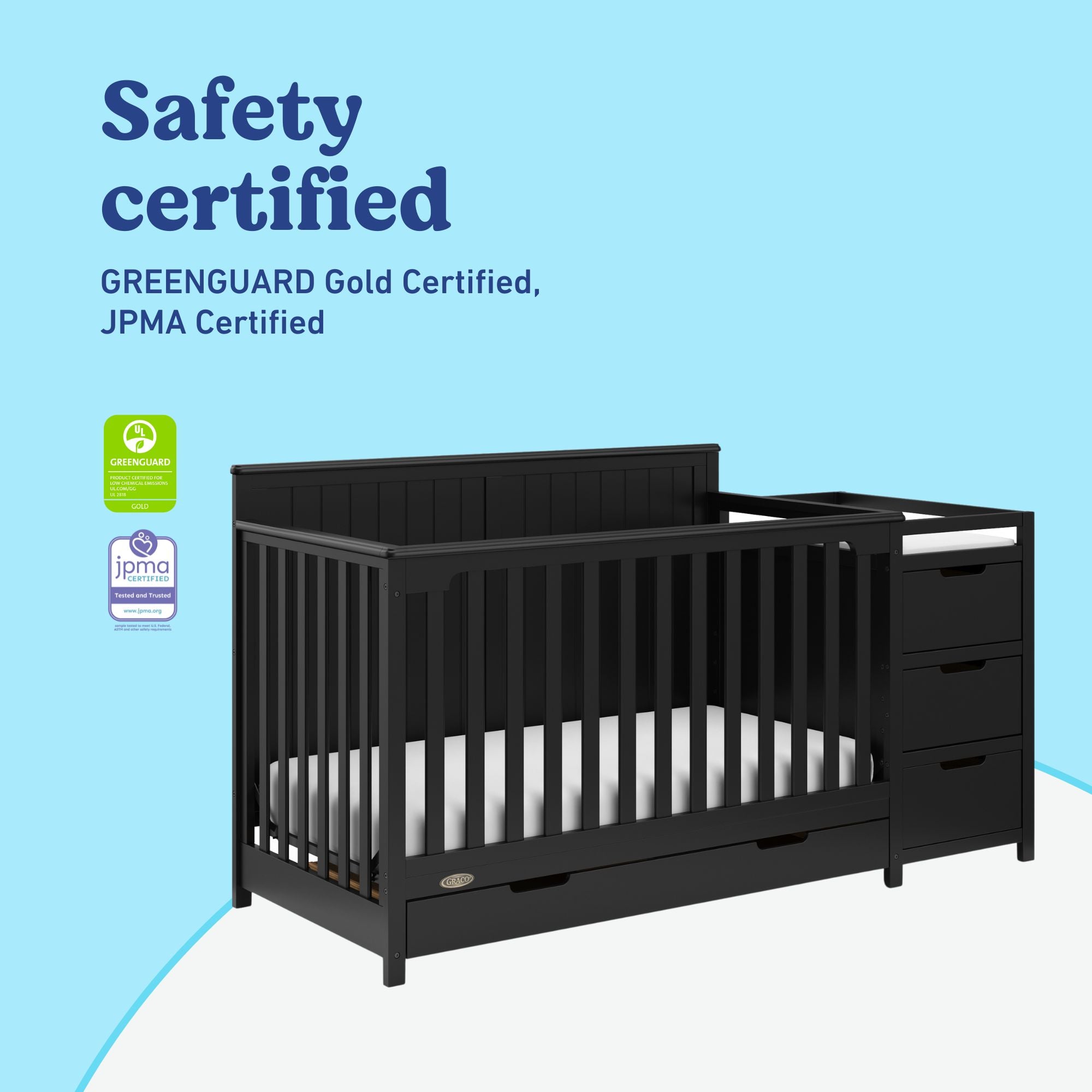Hadley black crib and changer with drawer certifications callout