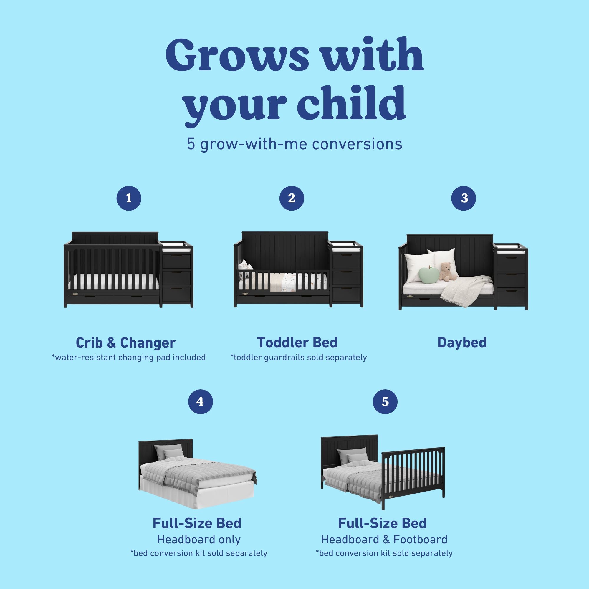 Hadley black crib and changer with drawer 5 conversions callout