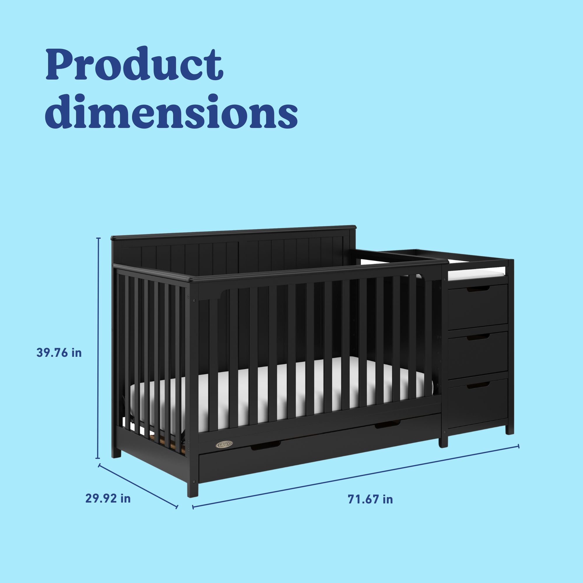 Hadley black crib and changer with drawer dimensions callout