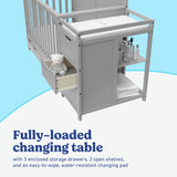 Hadley pebble gray crib and changer with drawer changing table callout