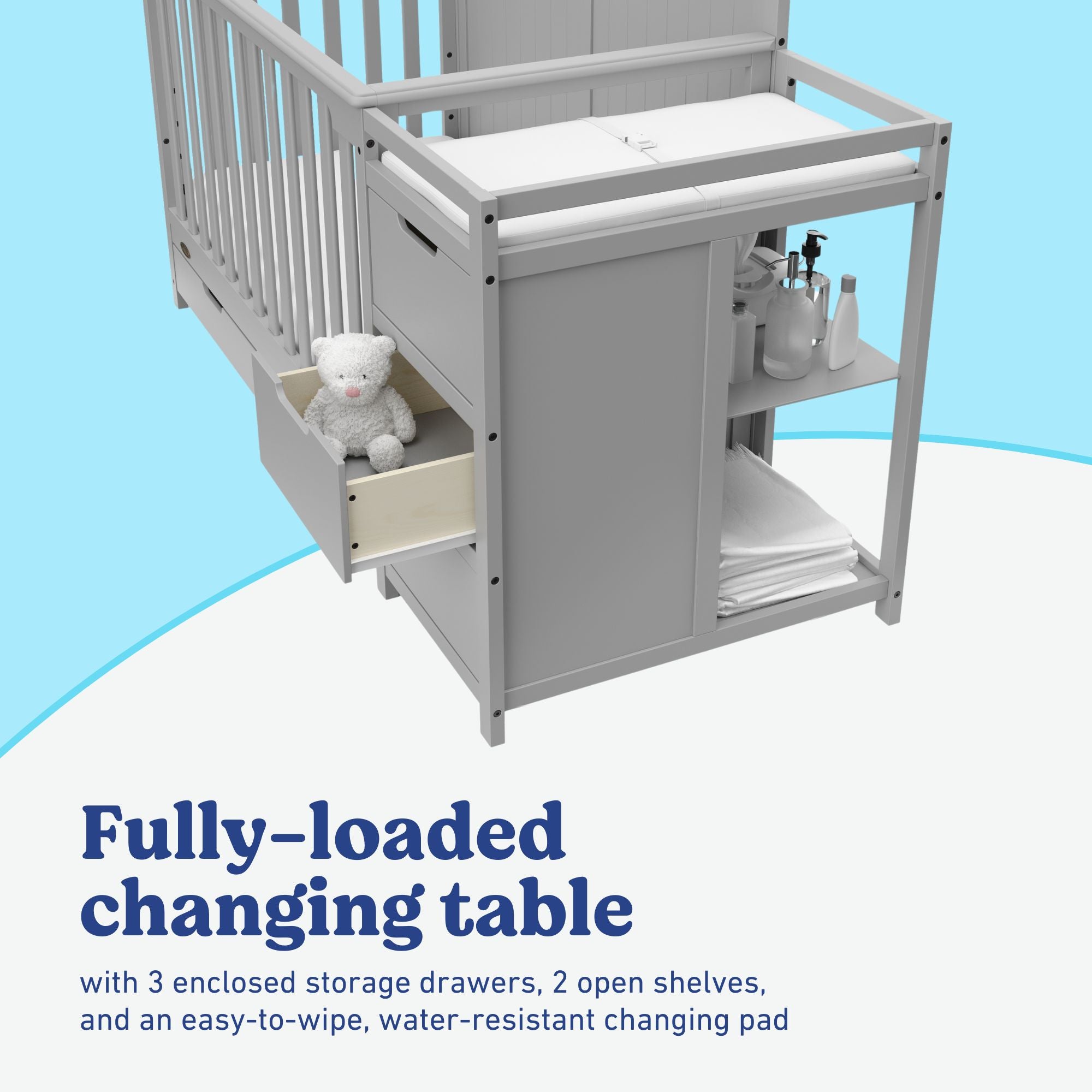 Hadley pebble gray crib and changer with drawer changing table callout