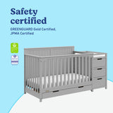 Hadley pebble gray crib and changer with drawer certifications callout