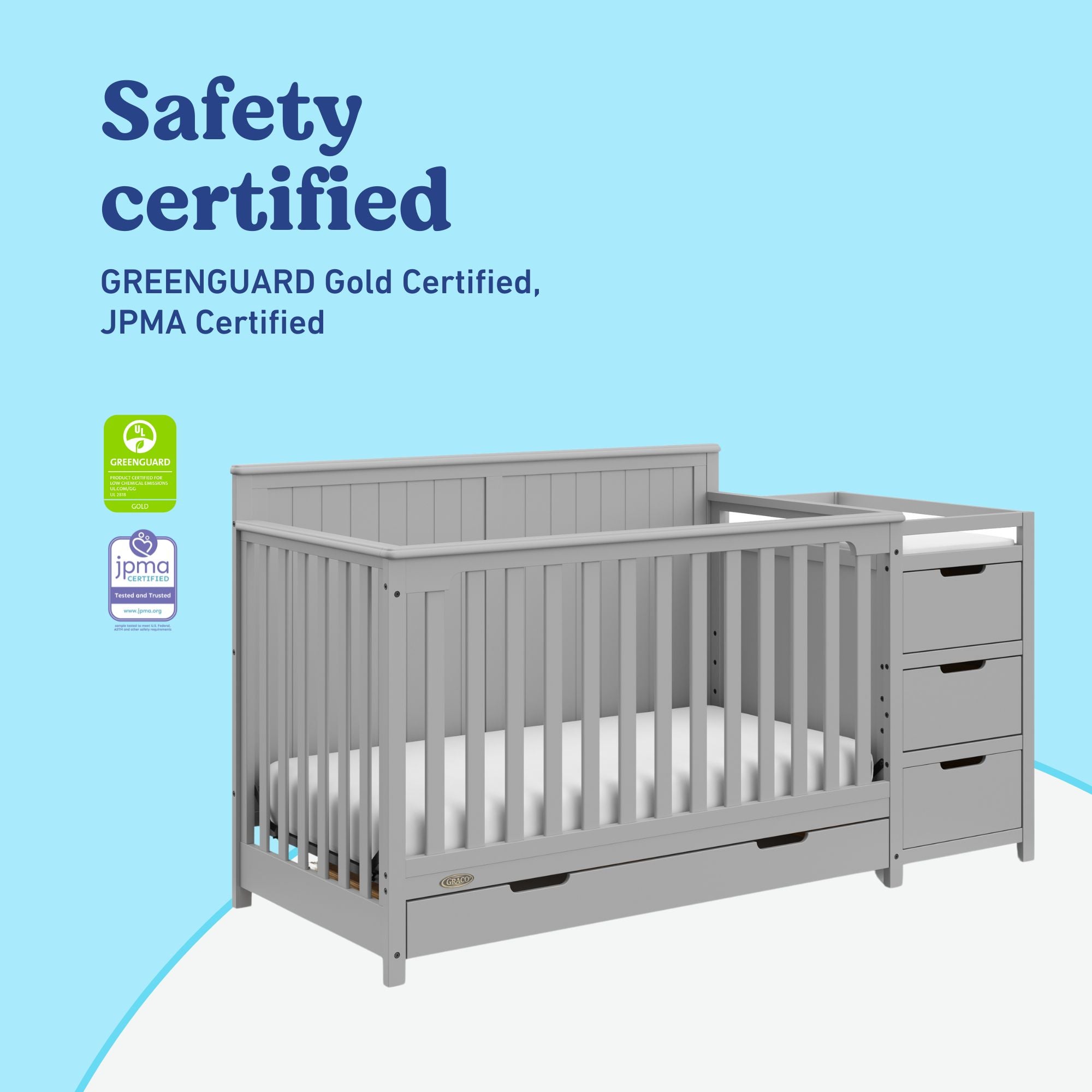 Hadley pebble gray crib and changer with drawer certifications callout