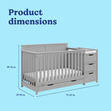 Hadley pebble gray crib and changer with drawer dimensions callout