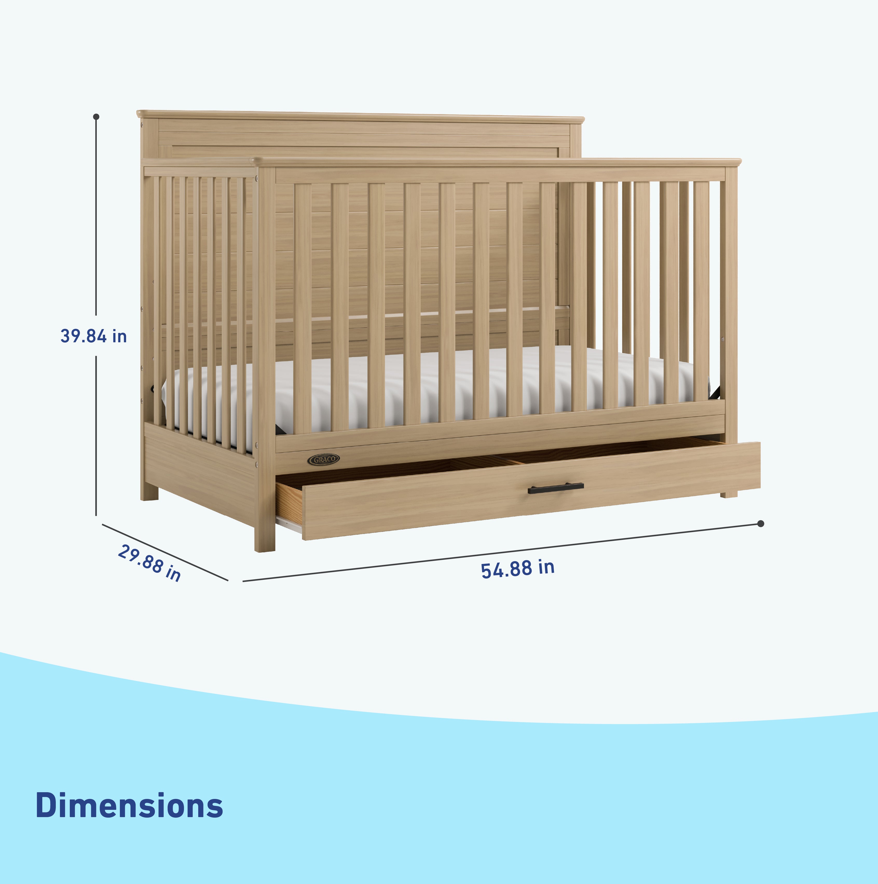 graco tristan driftwood crib with drawer dimensions callout