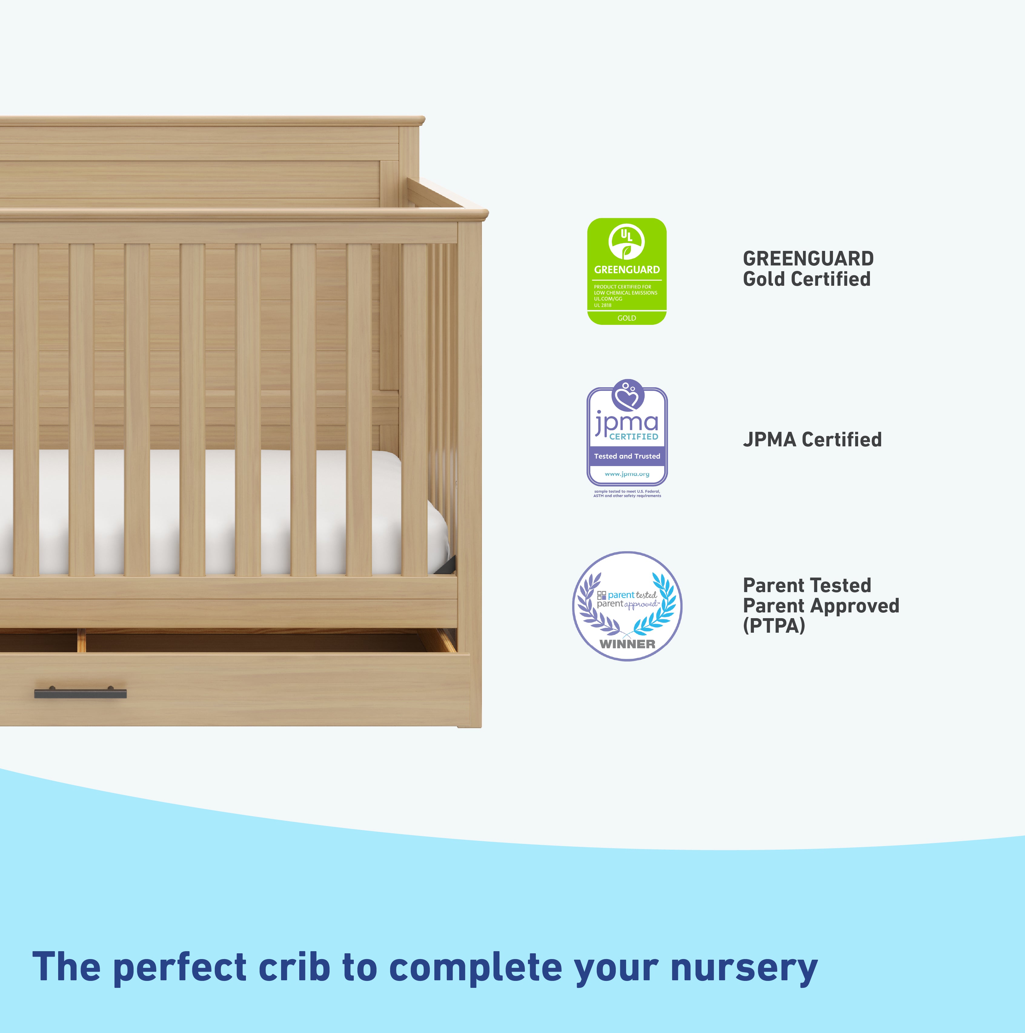 graco tristan driftwood crib with drawer certifications callout