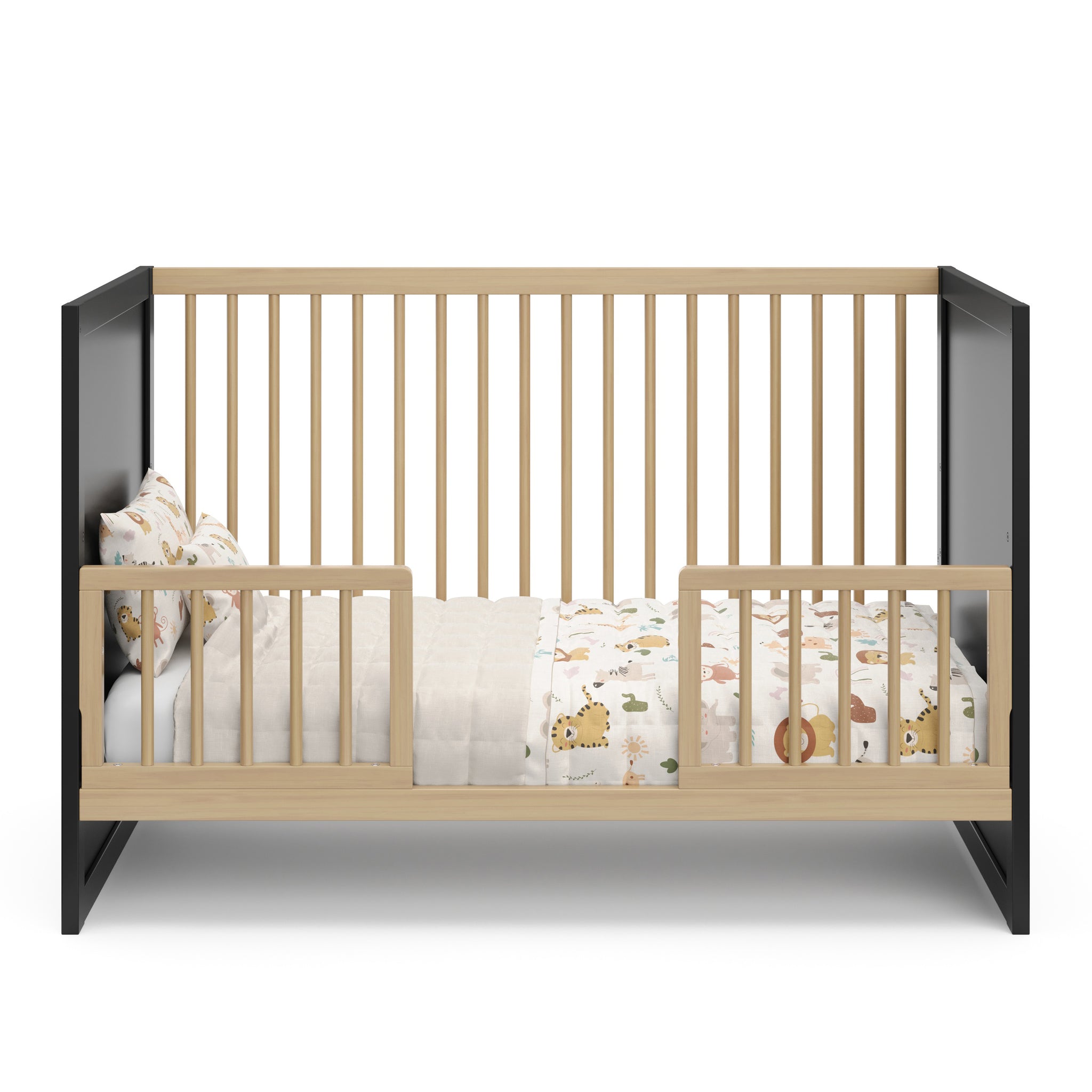 black with driftwood toddler bed with two toddler safety guardrail