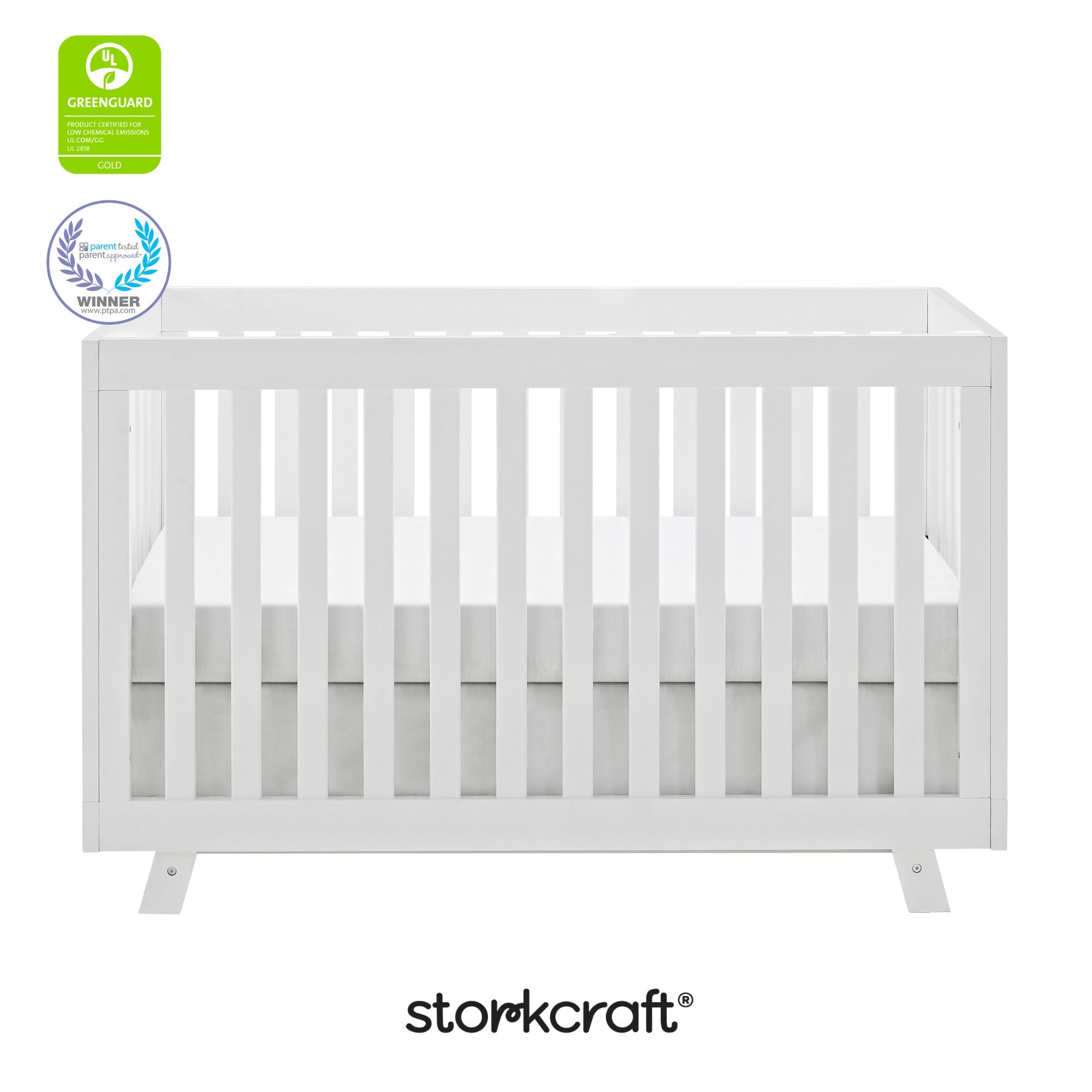 Beckett white crib with GGG and PTPA logo on top left