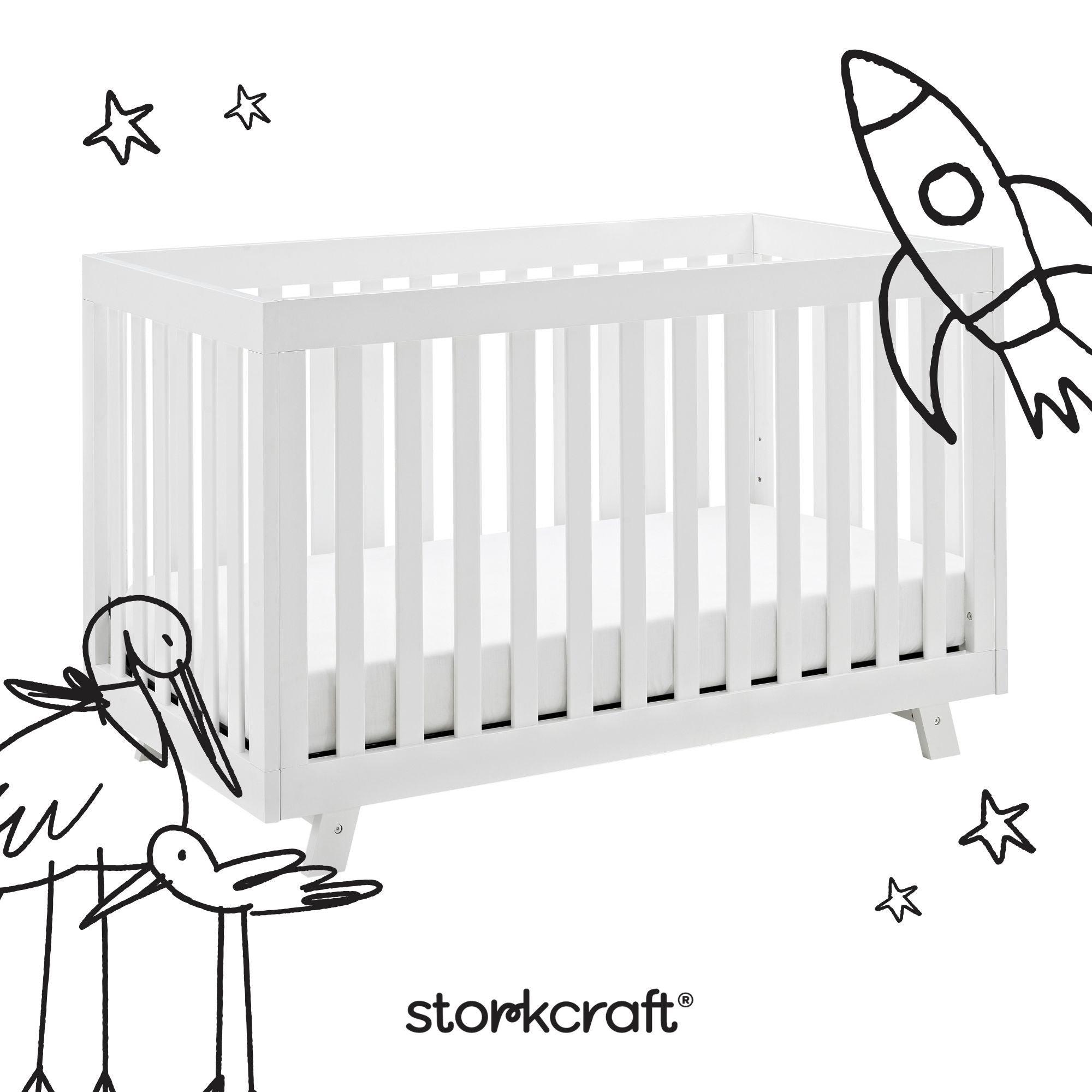 Beckett white crib with black doodles overlaid on image