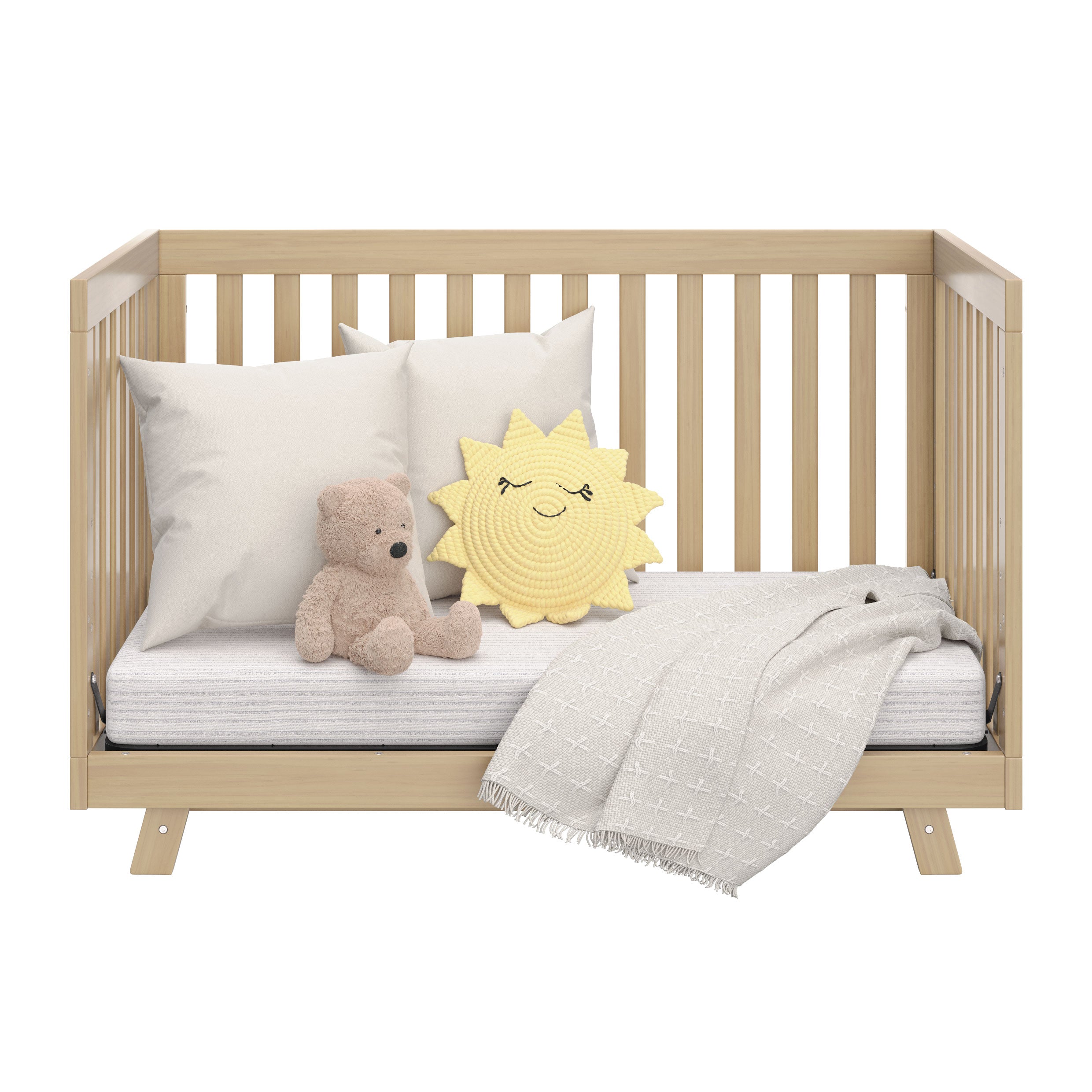 Front view of Driftwood Crib in daybed conversion