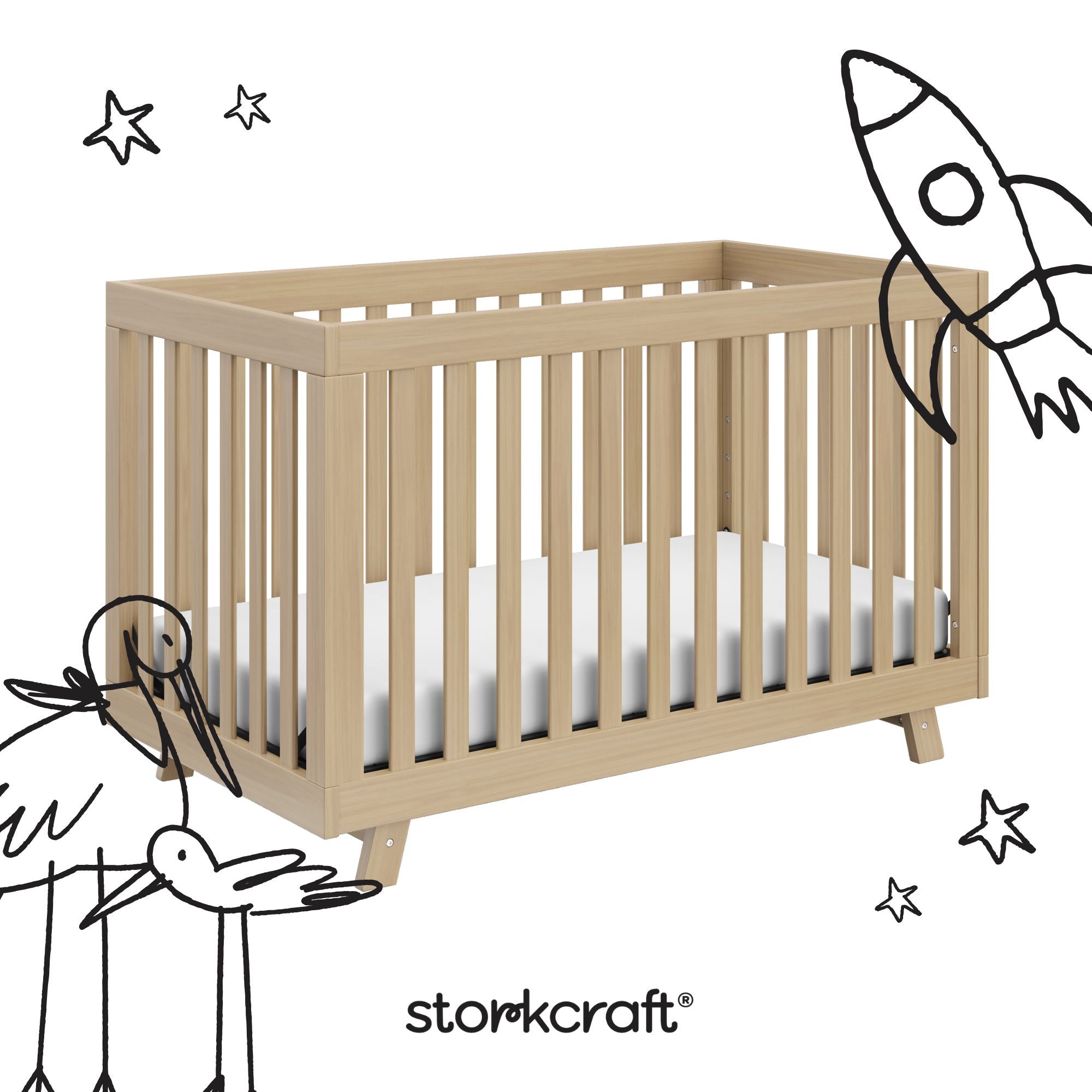 Beckett driftwood crib with black doodles overlaid on image