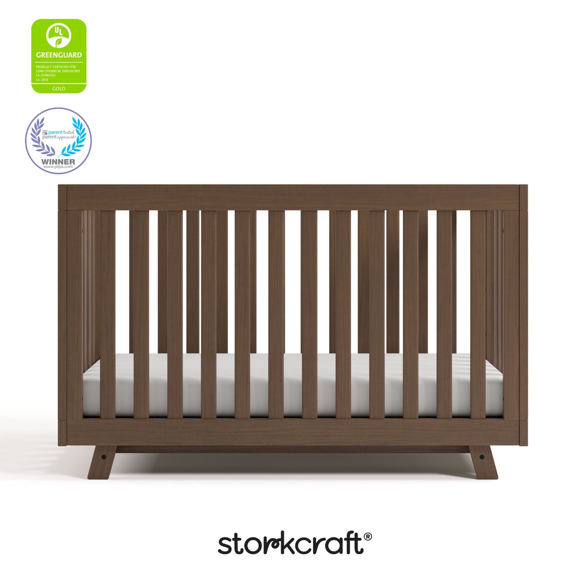 Beckett hazelnut crib with GGG and PTPA logo on top left
