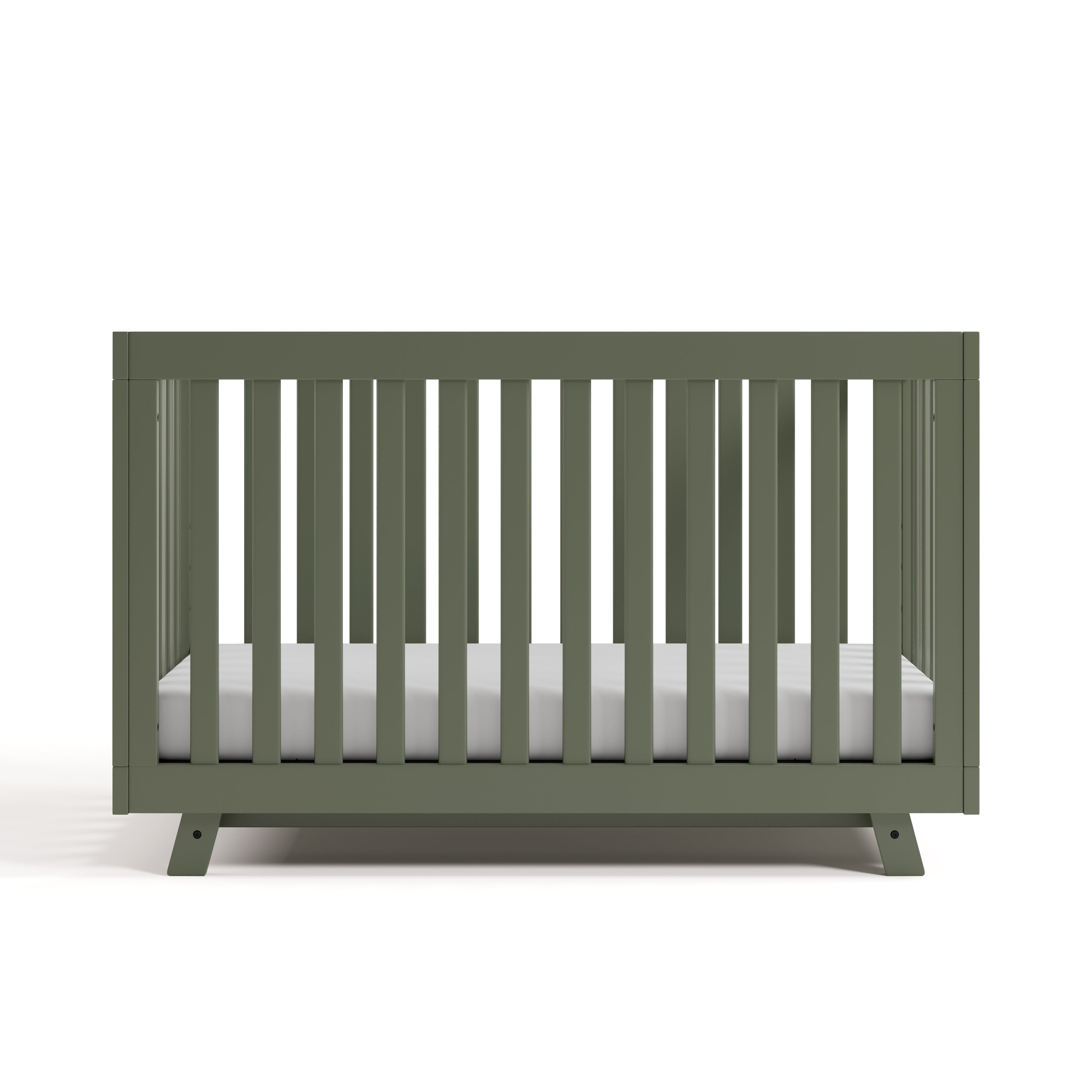 Front view of Beckett crib in olive