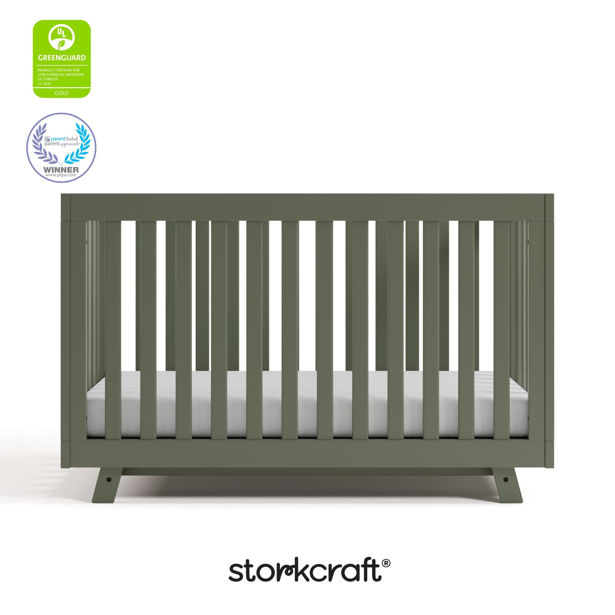 Beckett olive crib with GGG and PTPA logo on top left