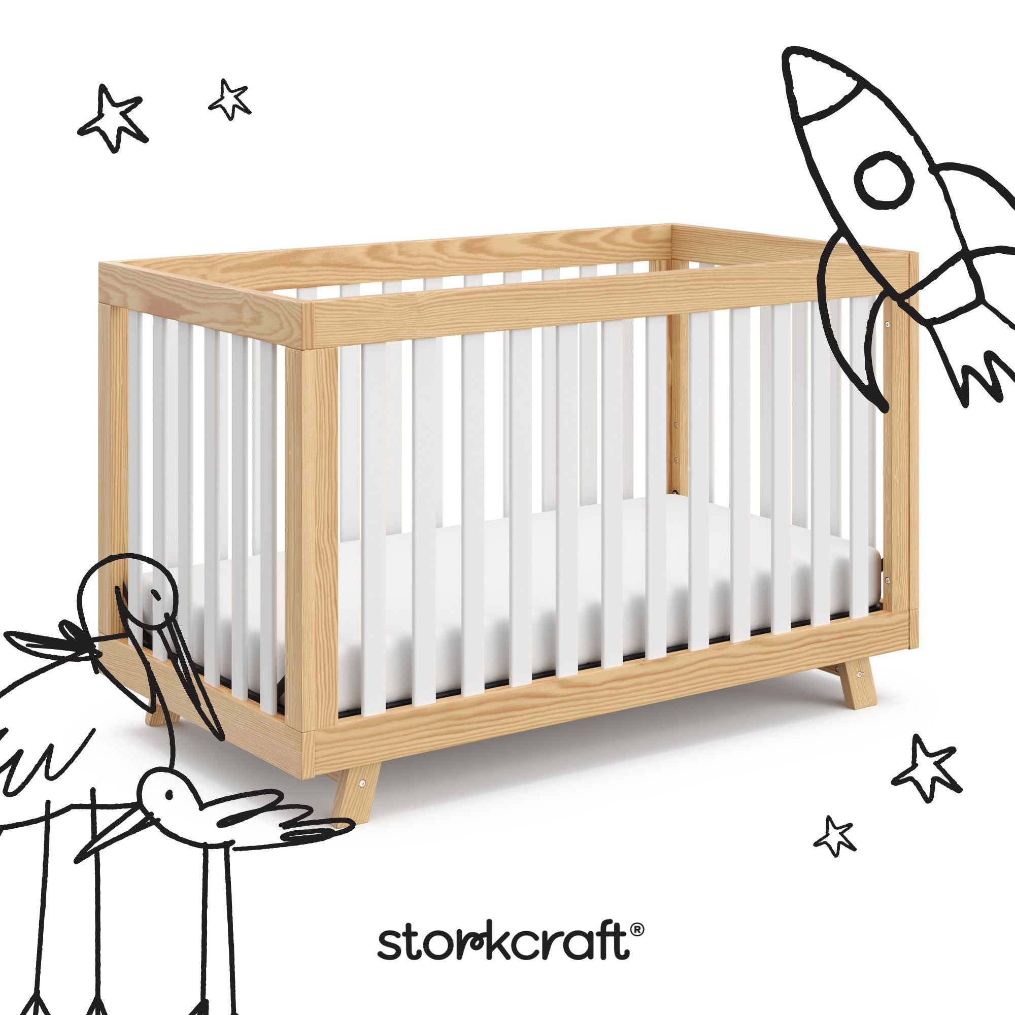 Beckett crib natural with white with black doodles overlaid on image