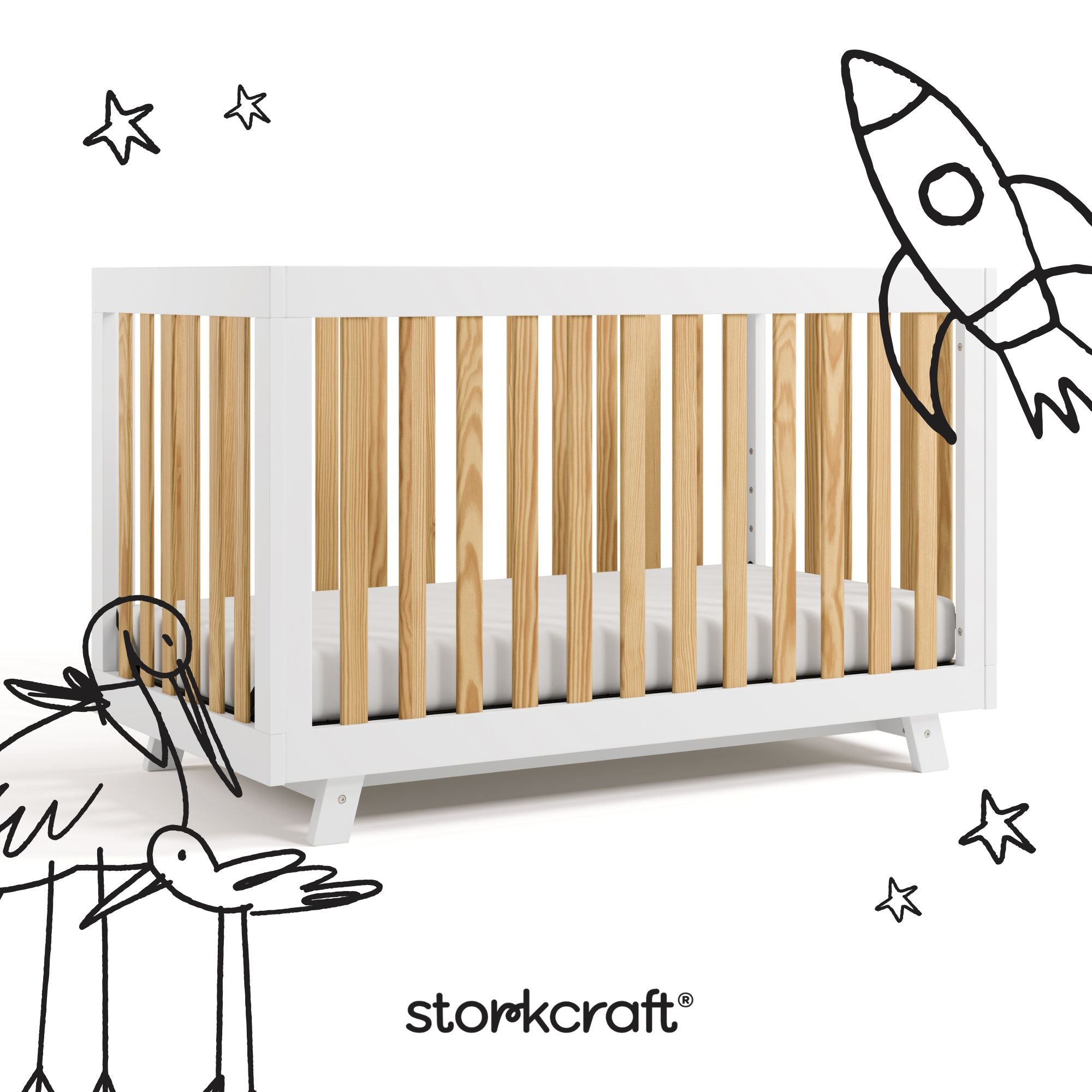Beckett white with natural crib with black doodles overlaid on image