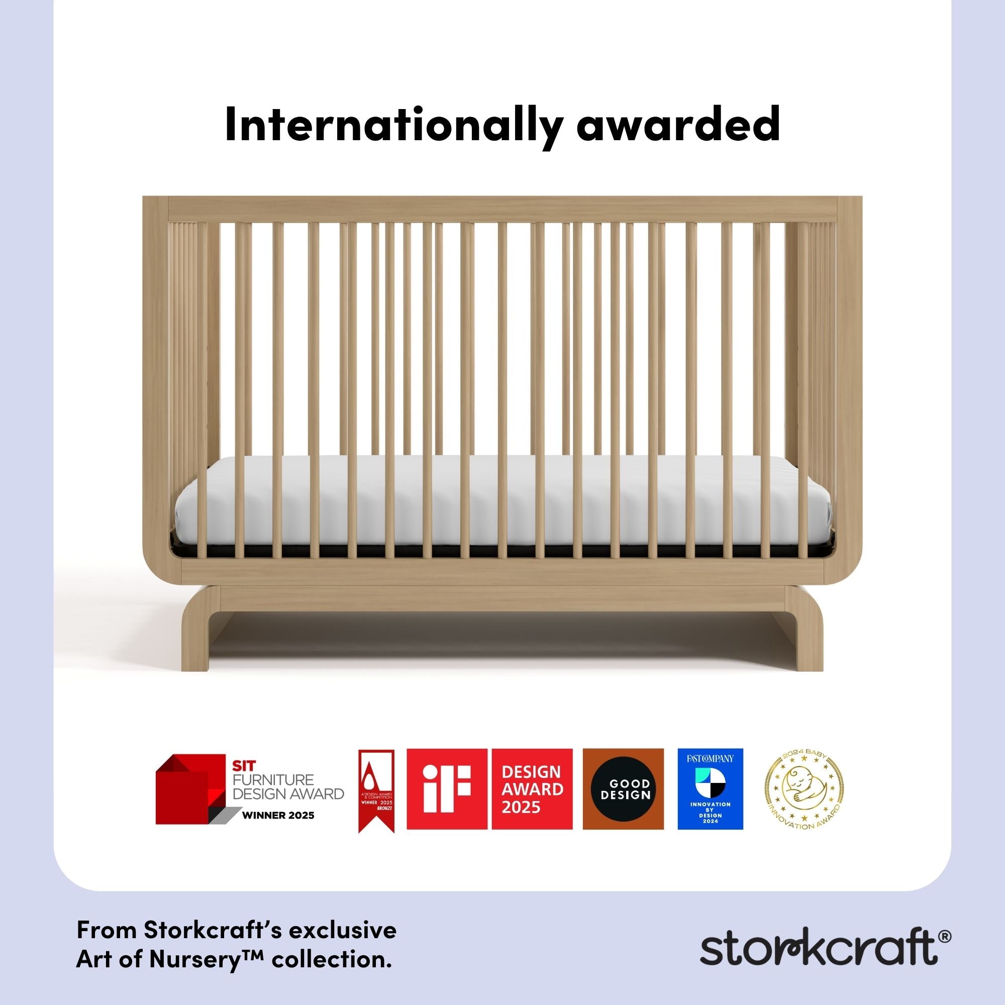 storkcraft driftwood crib with multiple award logos on bottom