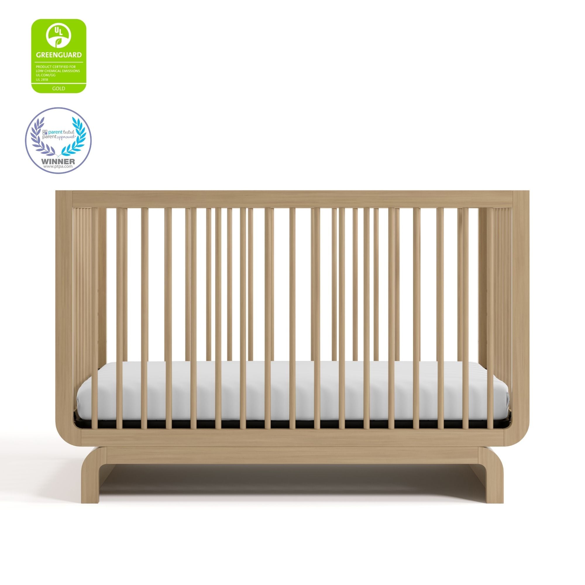 Santorini driftwood crib with GGG and PTPA logos on top left