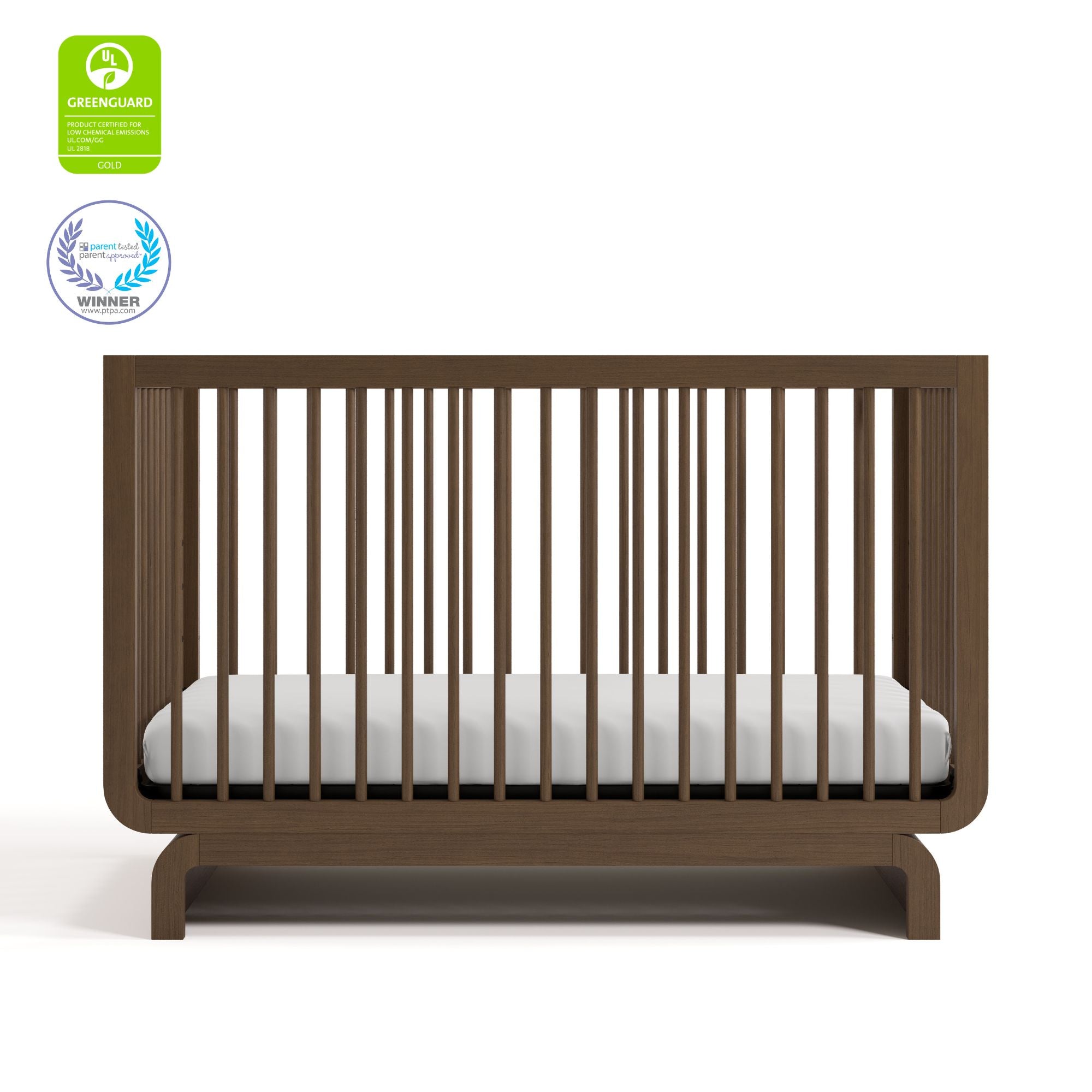 Santorini hazelnut crib with GGG and PTPA logos on top left