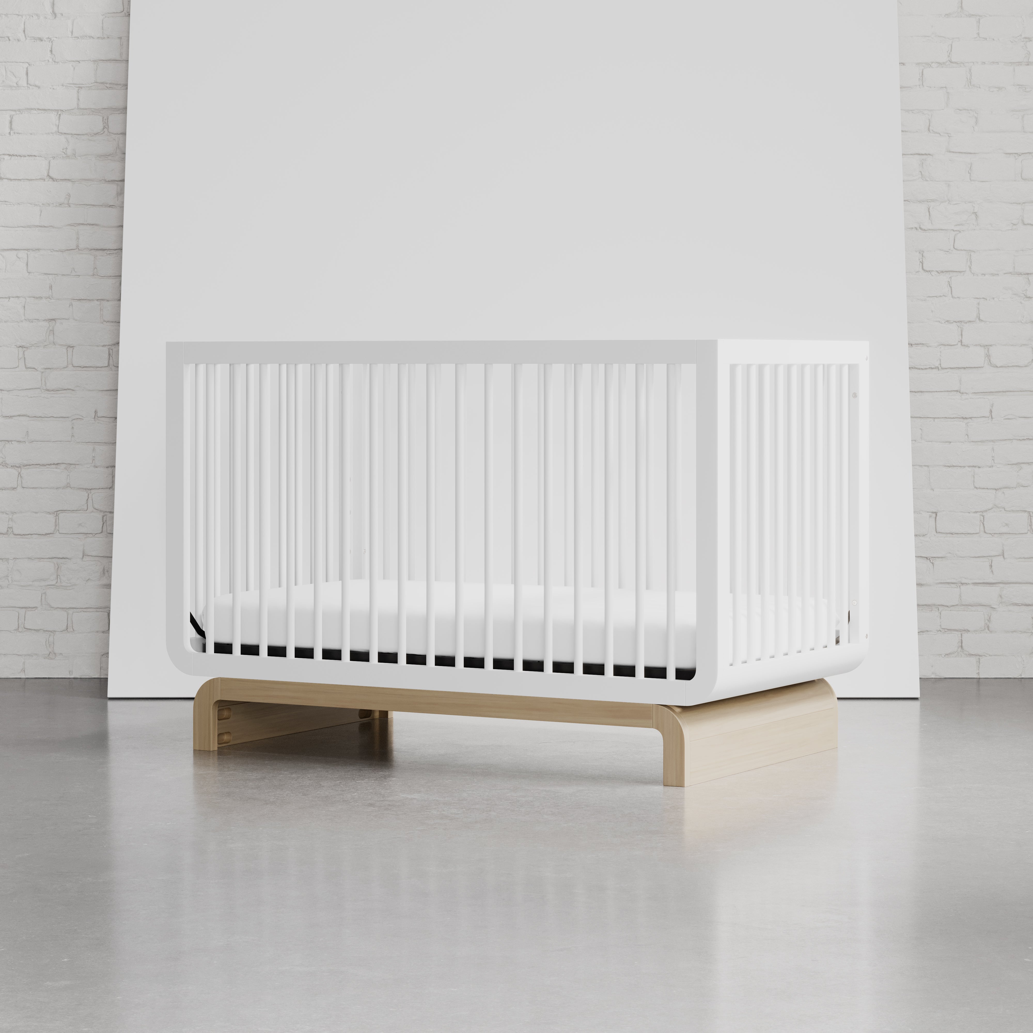 santorini crib white with driftwood in studio